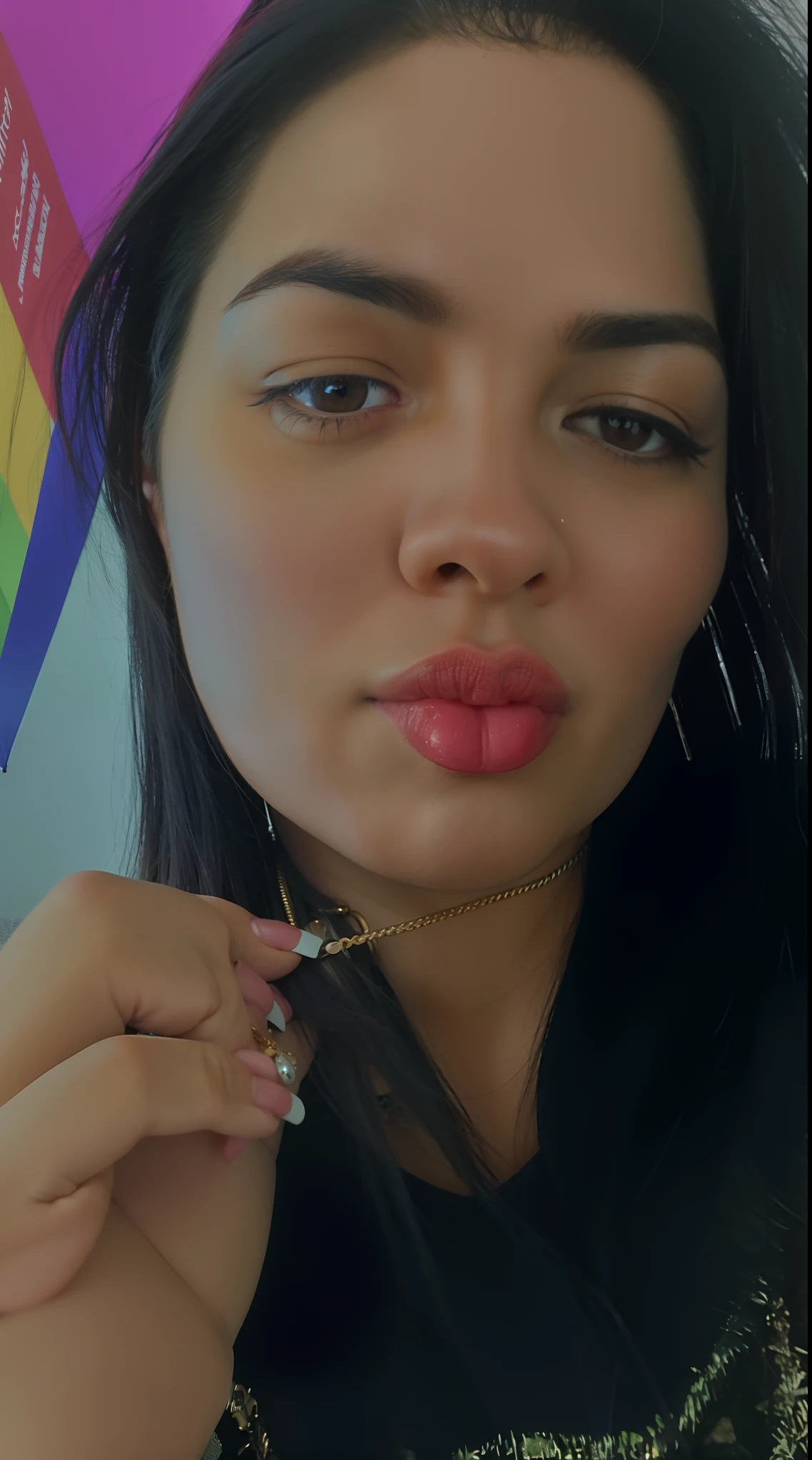 there is a woman with a pink polka dot top and a blue nail polish, thick lips, taken in the early 2020s, neck zoomed in from lips down, small lips, sexy face, close up face, very small lips, hand on her chin, small lips pointy nose, hands on face, nose ring, without makeup, detailed flawless face