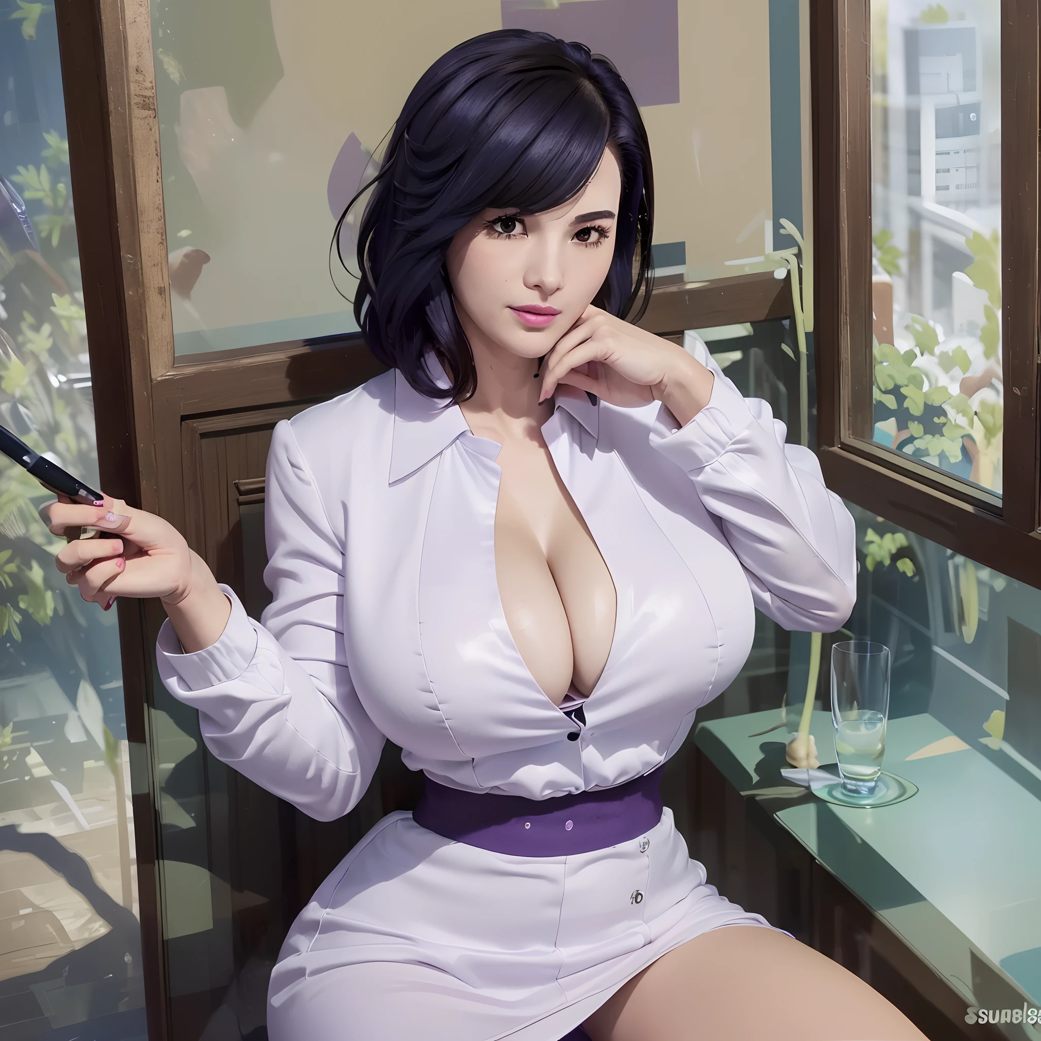 (1girl in:2.0, Solo:2.0, saeko_city hunter, white jacket, purple shirt, pencil skirt, night, drinking glass, cocktail, looking at viewer, smile), (((Shallow depth of field))), (Photographic realism: 1.3), (masutepiece:1.1, Absurd quality:1.1), an extremely delicate and beautiful one, Extremely detailed, 16k wallpapers, Stunning appearance, Fine details, Highly detailed ticker uniform 16k wallpaper, super detailed, 超A high resolution, Soft lighting Next, short length bangs, jet-black hair)), Beautiful detailed girl, Ultra High Definition Fingers, Perfect Finger, With perfect arms, extremely detailed eye and face, Light on the Face, Mature Face, Realistic face, Perfect slim body, Beautiful slender thighs, (ultra gigantic tits:1.5, SuperHuge boobs:1.5, ultra gigantic tits:1.5, ultra huge cleavage:1.5), (squat down, Open legs, Messy toilet, abandoned houses:1.15, in a farm, Full body shot),