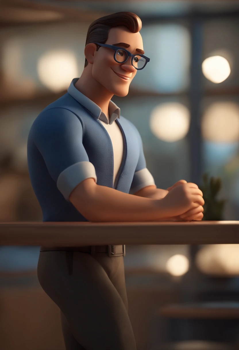 Cartoon character of a man wearing black glasses and a blue shirt, um personagem animado, Caractere estilizado, animation style rendering, 3D estilizado, Arnold Maya render, 3 d render stylized, toon render keyshot, Personagem 3D, Personagem 3D, 3d rendering stylized, 3 d character render, personagem de desenho animado, Personagem de close up, Pose de personagem, (Estilo Pixar) (master part:1.2) (Bokeh) (best quality) (pele detalhada) (textura detalhada) (8k) (argila) (Cinematic lighting) (foco nítido,Senta e vaza a parte superior do corpo