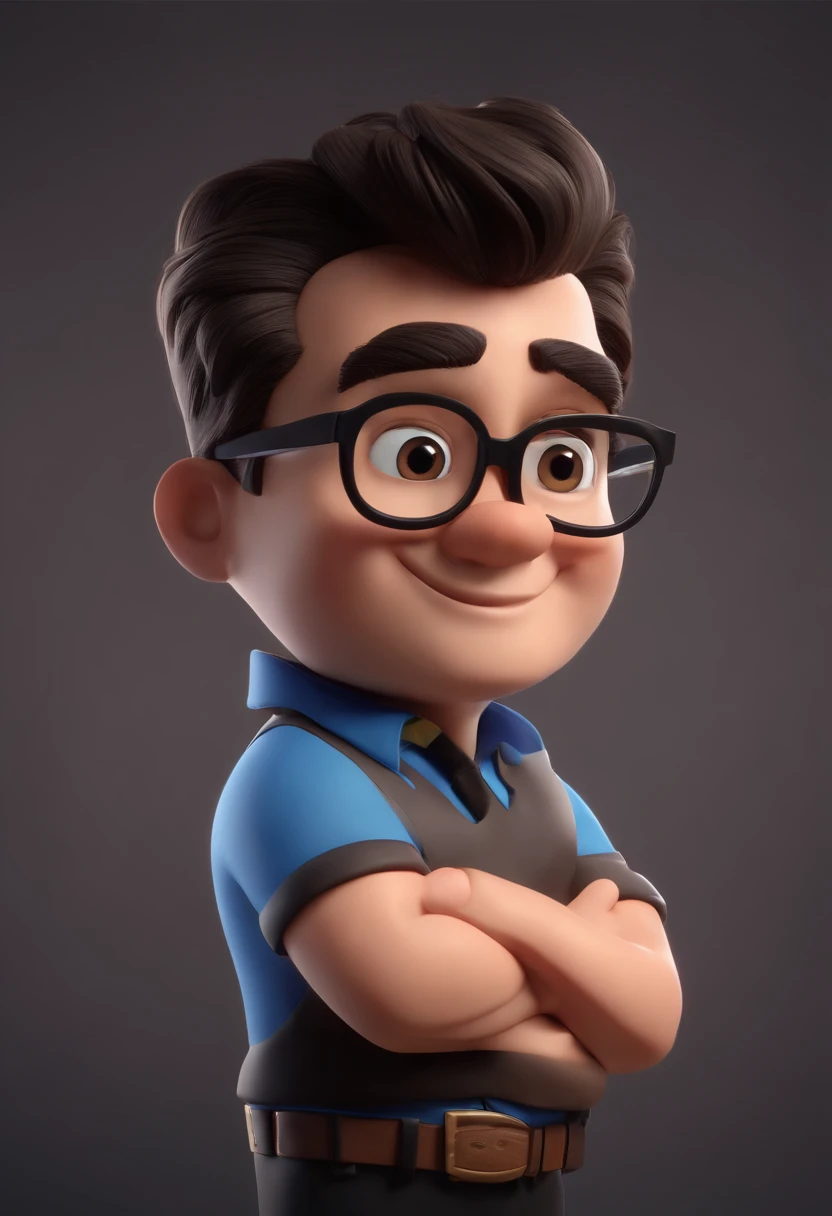 Cartoon character of a man wearing black glasses and a blue shirt, um personagem animado, Caractere estilizado, animation style rendering, 3D estilizado, Arnold Maya render, 3 d render stylized, toon render keyshot, Personagem 3D, Personagem 3D, 3d rendering stylized, 3 d character render, personagem de desenho animado, Personagem de close up, Pose de personagem, (Estilo Pixar) (master part:1.2) (Bokeh) (best quality) (pele detalhada) (textura detalhada) (8k) (argila) (Cinematic lighting) (foco nítido，Senta e vaza a parte superior do corpo