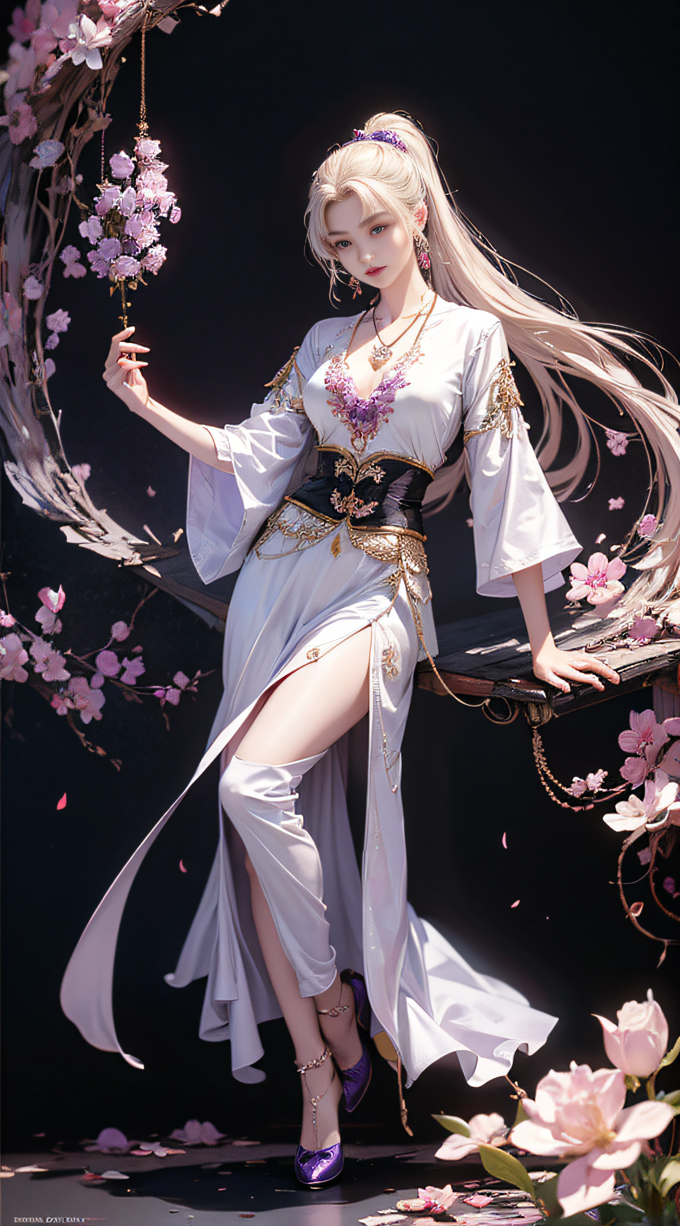 1 beautiful girl in Han costume, (White thin purple silk shirt,Full of texture), white lace top, Long purple platinum ponytail hair, jewelry, ear jewelry, necklace and necklace, meticulously drawn large purple eyes, Detailed makeup, Thin eyebrows, High nose, Beautiful red lips, no smile, pursed lips, rosycheeks, Wide breasts, Big breasts, Proportional breasts, Slim waist, Purple fishnet socks, chinese hanfu style, fictitious art textures, The colors are vivid and true to life, RAW photo, Realistic photo, ultra high quality 8k surreal photos, (effective fantasy light effect: 1.8), 10x pixel, Magical effect (Background): 1.8), hyper detail eyes, Full body portrait of girl , Chinese royal background