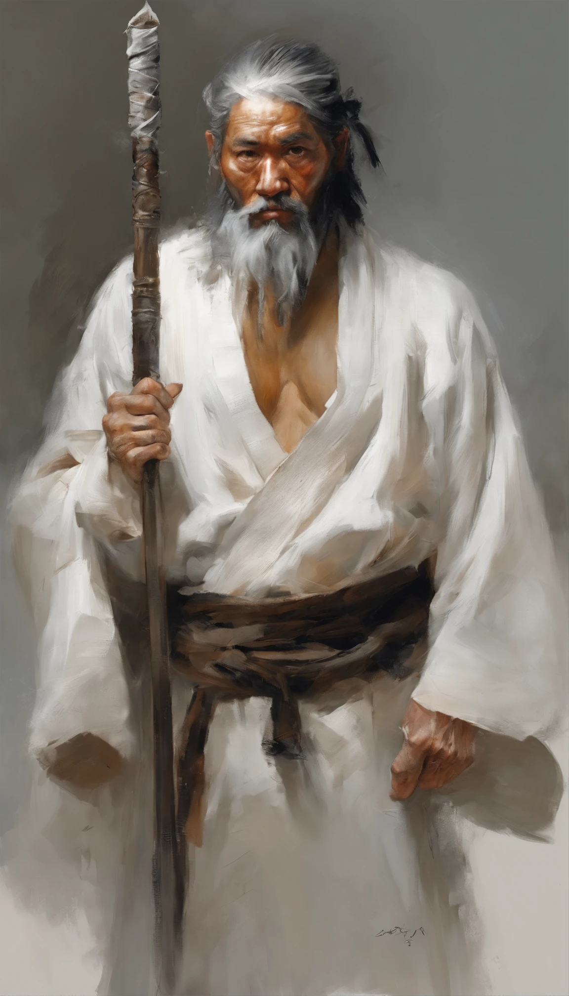 middle aged man, Evil painting style, A high resolution, Black color hair, Half is the body of a demon,Half a demon face, Chinese Warrior, Delicate three-dimensional blue flame demon face, sbeard, Wearing a hat, Expression of anger, Perfect body proportions, kaftan, Black and white robes, A scabbard hangs from his waist, Handsome, Full body view, standing on your feet, (White background:1.3), swordsman, He held a long knife that was wide and heavy in his hand。。。。, Face the lens, (Blackn clothes:0.8), High detail, Masterpiece, ccurate, Anatomically correct, Textured skin