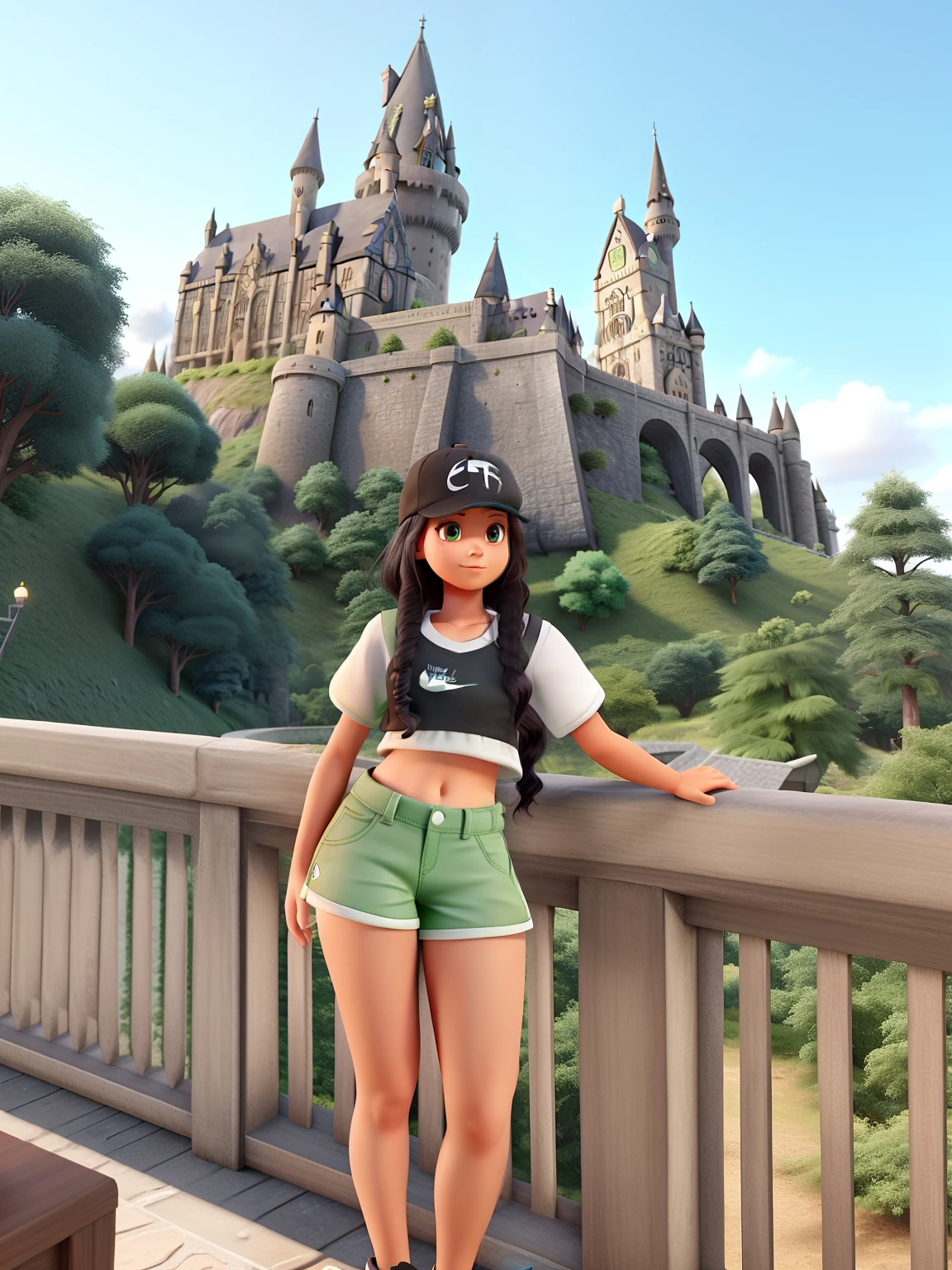 Uma menina branca de cabelo preto com shorts bege, Nike top and cap. derriere, Hogwarts castle and green vegetation.