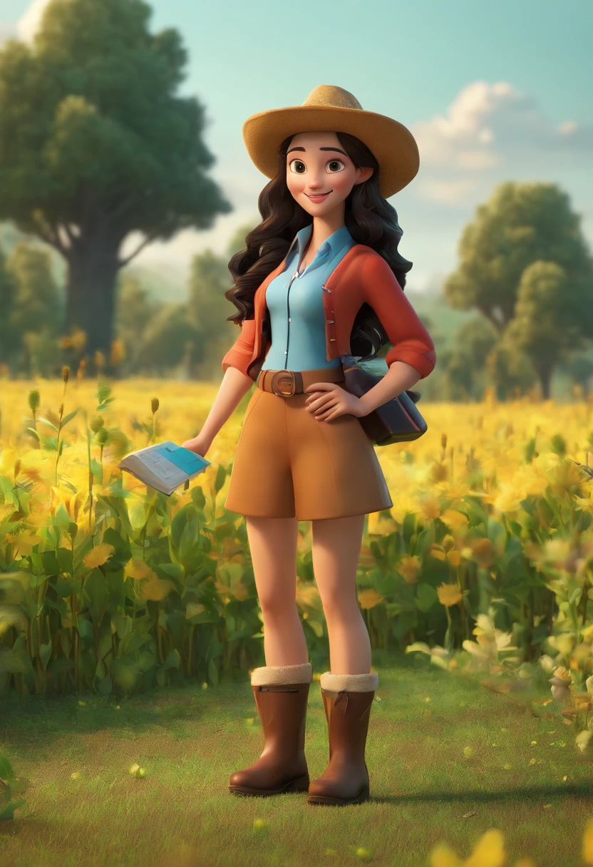 Disney-inspired movie, a girl with long hair, curly in the fields, working as an agronomist, country style, brown eyes, black hair in a boot hat, cell phone, pen and a marking book