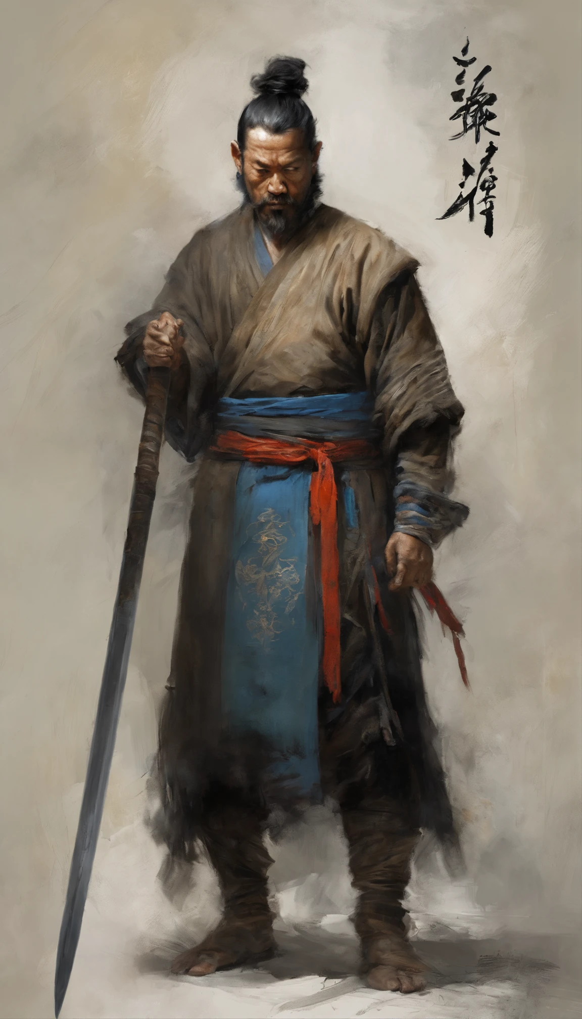 middle aged man, Evil painting style, A high resolution, Black color hair, Half is the body of a demon,Half a demon face, Chinese Warrior, Delicate three-dimensional blue flame demon face, sbeard, Wearing a hat, Expression of anger, Perfect body proportions, kaftan, Black and white robes, A scabbard hangs from his waist, Handsome, Full body view, standing on your feet, (White background:1.3), swordsman, He held a long knife that was wide and heavy in his hand。。。。, Face the lens, (Blackn clothes:0.8), High detail, Masterpiece, ccurate, Anatomically correct, Textured skin