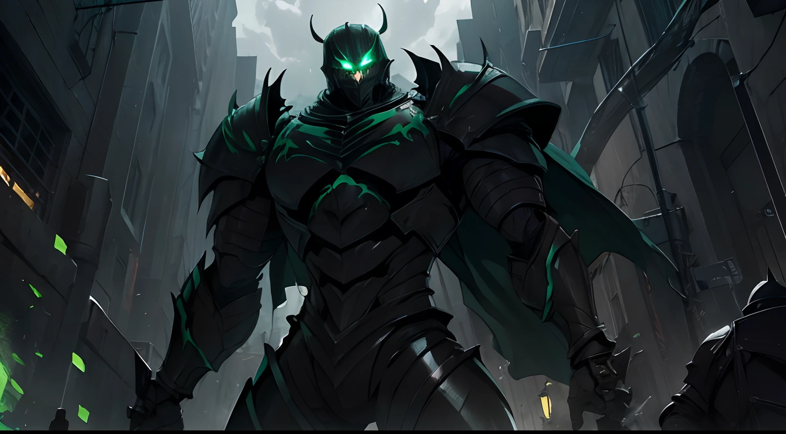 ((One giant armored titan)), black steel armor, (green evil magic flowing from armor)