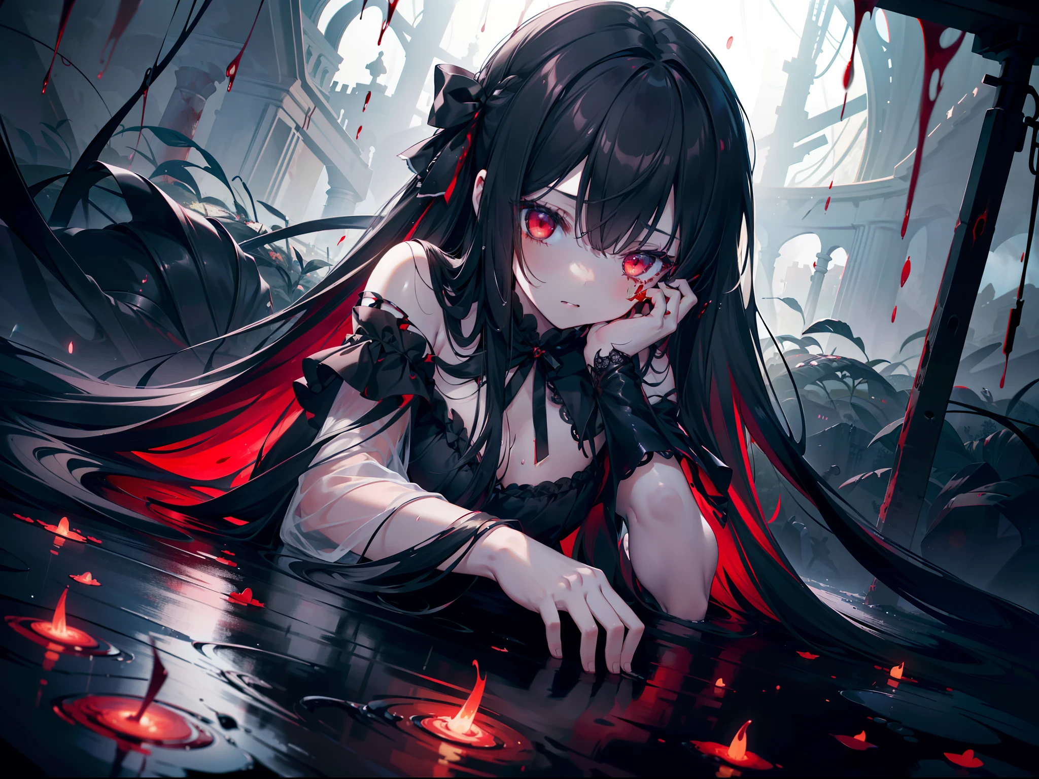 1  girl , (lying surrounded by many Worms ), (Faintly emerge from the darkness) ,upper body, (bloody body) , ((rape face)) , black long straight hair, hair ribbon , red eyes, glowing eyes, ((horror)) ,((masterpiece)), ((best quality)), ((ultra-detailed)), (illustration), ((an extremely delicate and beautiful))