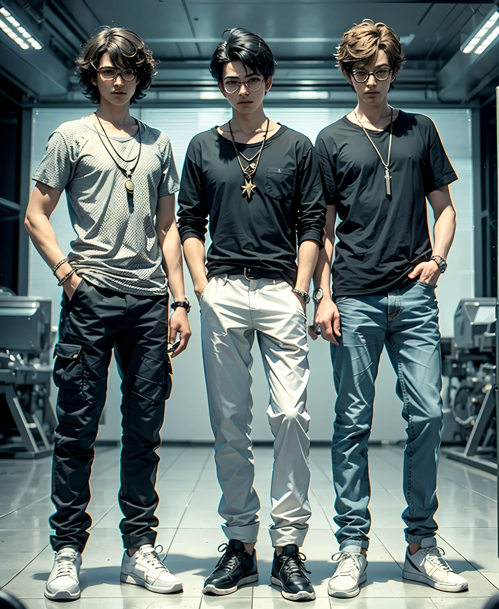 Disney Pixar poster with the words "MRF", (3d animation disney pixar style), wearing black stem glasses and transparent glass, black hair in a comma hairstyle, plain black oversized t-shirt tucked into trousers, necklace with a slightly long pendant, gray slim fit trousers -dark gray, white shoes, both hands in his trouser pockets, looking at the camera, white background, **  - --auto --s2