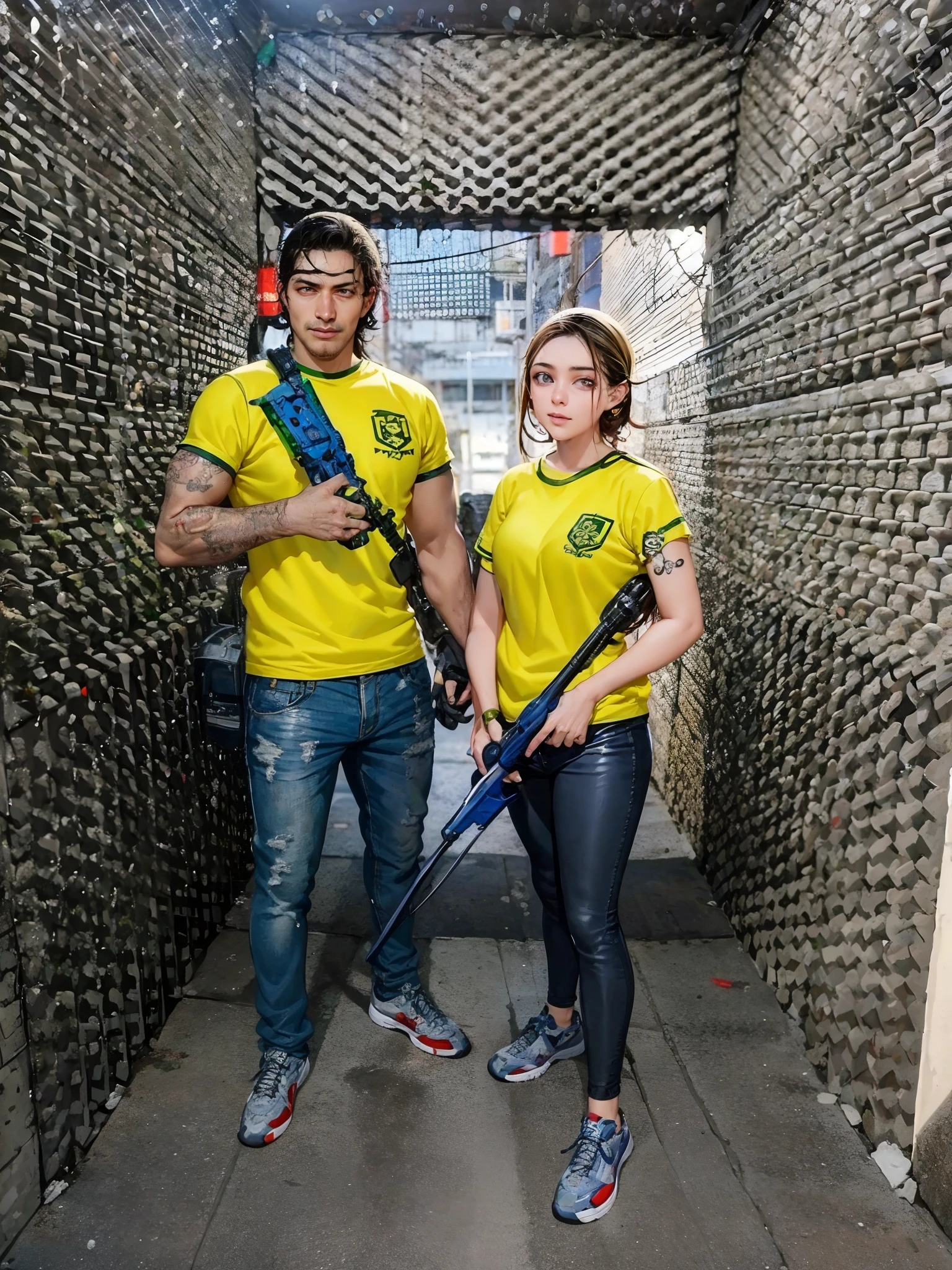 Homem loiro, 1,80m de altura, right arm tattoo, segurando fuzil com mira a laser, mulher loira, 1,65m de altura, Holding Grenade Spear, com um coldre na coxa esquerda, favela ao fundo.