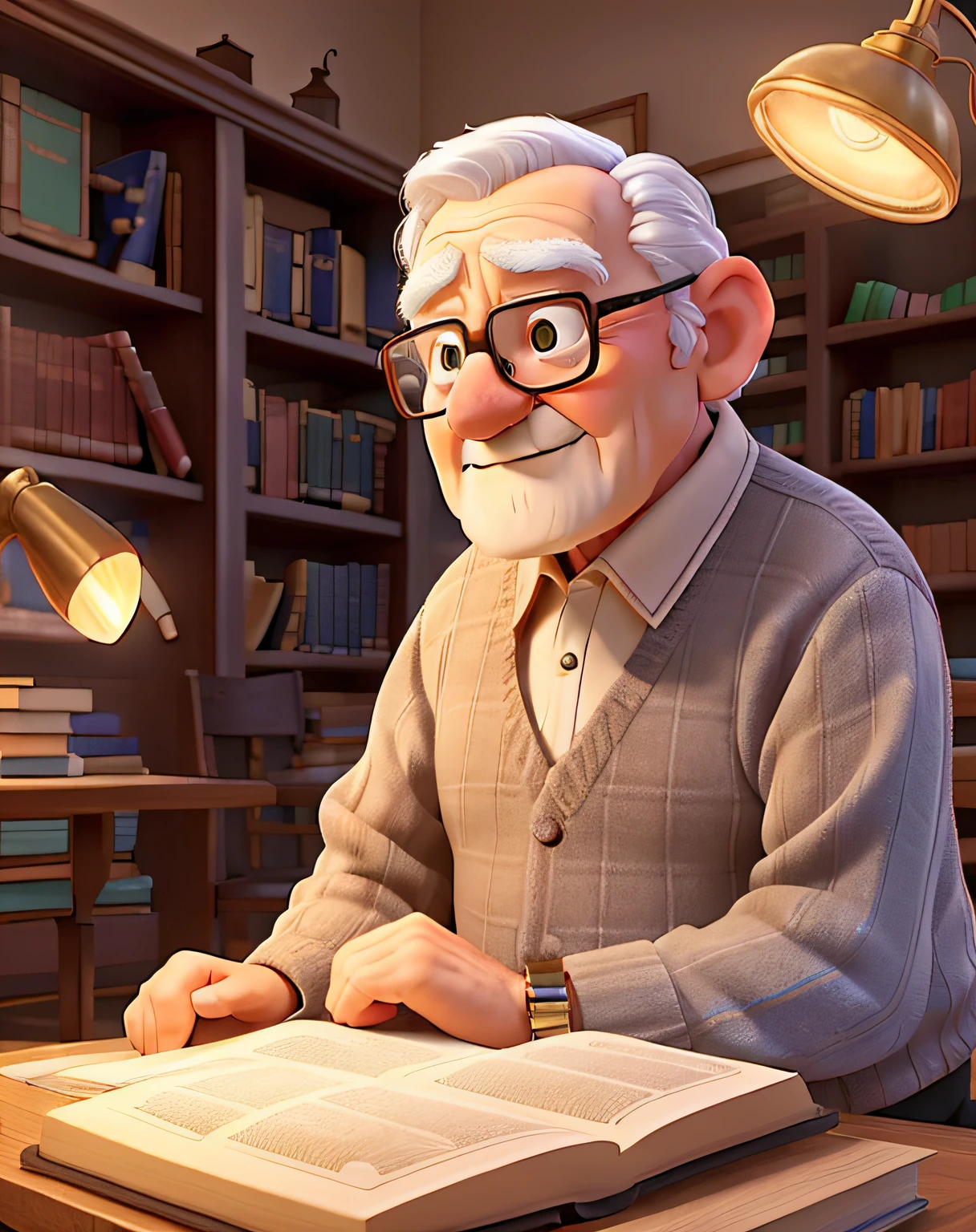 A wise old man standing in front, illuminated by the light of a lamp, against the backdrop of a library