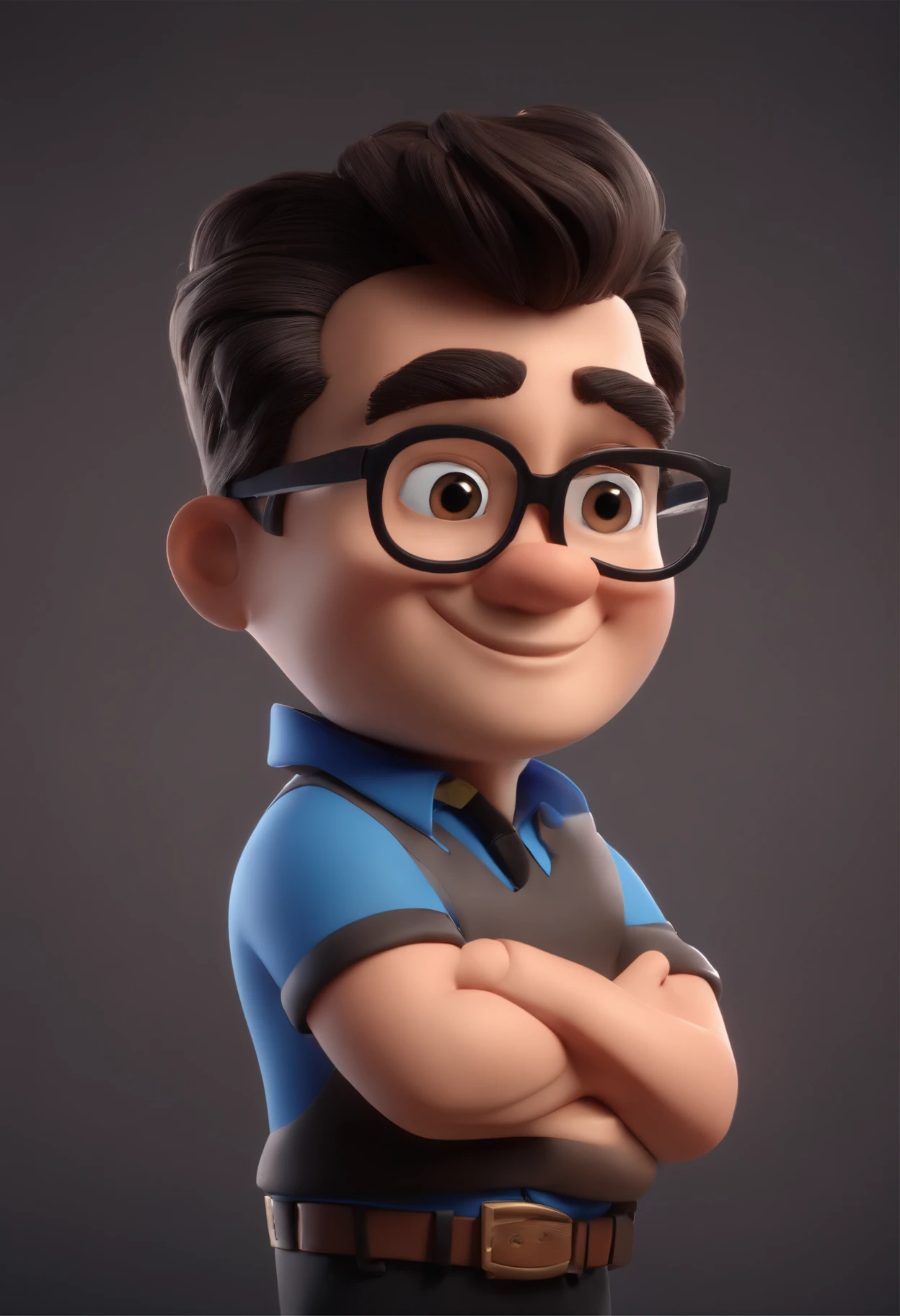 Cartoon character of a man wearing black glasses and a blue shirt, um personagem animado, Caractere estilizado, animation style rendering, 3D estilizado, Arnold Maya render, 3 d render stylized, toon render keyshot, Personagem 3D, Personagem 3D, 3d rendering stylized, 3 d character render, personagem de desenho animado, Personagem de close up, Pose de personagem, (Estilo Pixar) (master part:1.2) (Bokeh) (best quality) (pele detalhada) (textura detalhada) (8k) (argila) (Cinematic lighting) (foco nítido,Senta e vaza a parte superior do corpo