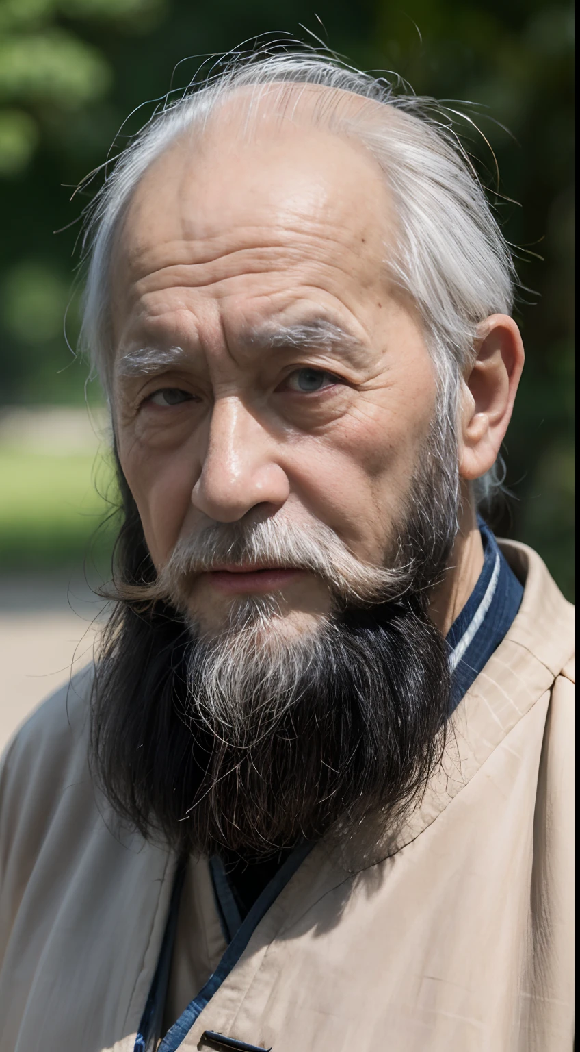 An old man with traditional Chinese thinking,Real frontal photos,Authentic background,The background is nature,worn-out clothing,Face full of wrinkles,80-year-old man,Wise eyes,The beard is white,male people,country style