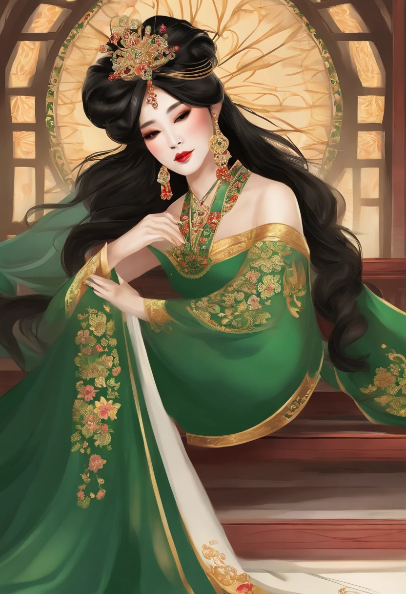 ((corpo inteiro)), SamdoesArts estilo premiado retrato de corpo inteiro de uma mulher bonita, ((rosto feminino perfeito)),((Roupas verdes chinesas antigas)), ((green costumes of Peking Opera)), (mangas compridas) gazebo, Complexo, (belos olhos de detalhe, sobrancelhas alongadas),((Grampos, Cabelos Torcidos)),(tristeza), ((Teary)), (sunlight), shaded flat illustration, arte digital, trending on ArtStation, altamente detalhado, detalhes finos, intrincado, Arte de Artgerm e Rutkowski e Alphonse Mucha,