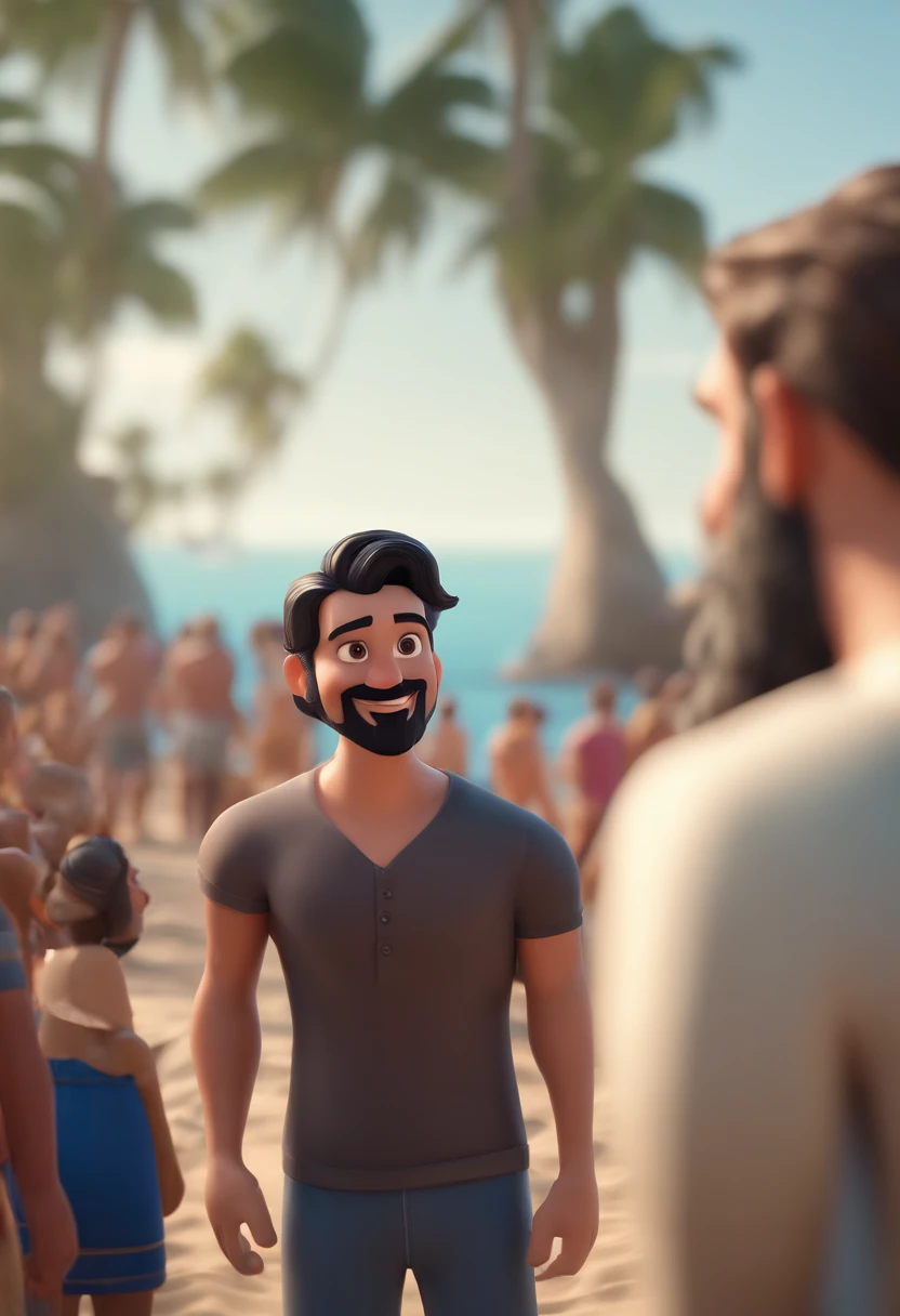 Cartoon man with black hair and black beard in front of a crowd, 3d animated film, animation film, Pixar 3D-Animationsstil, pixar renderman rendering, maia 8 mil, animation film, Disney Pixar Estilo 3D, With a smile on my face and standing on the beach, Em outra foto, The same guy hugs his white girlfriend with his blonde hair up