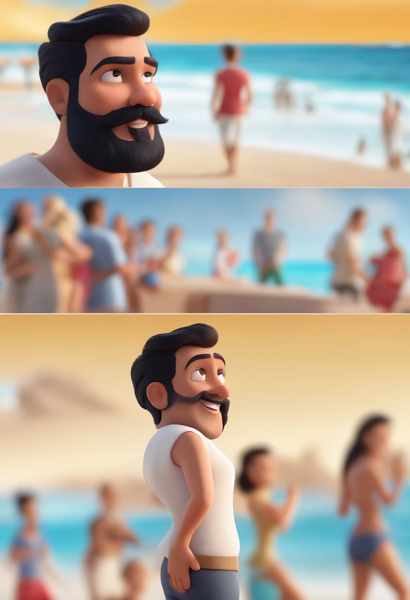 Cartoon man with black hair and black beard in front of a crowd, 3d animated film, animation film, Pixar 3D-Animationsstil, pixar renderman rendering, maia 8 mil, animation film, Disney Pixar Estilo 3D, With a smile on my face and standing on the beach, Em outra foto, The same guy hugs his white girlfriend with his blonde hair up