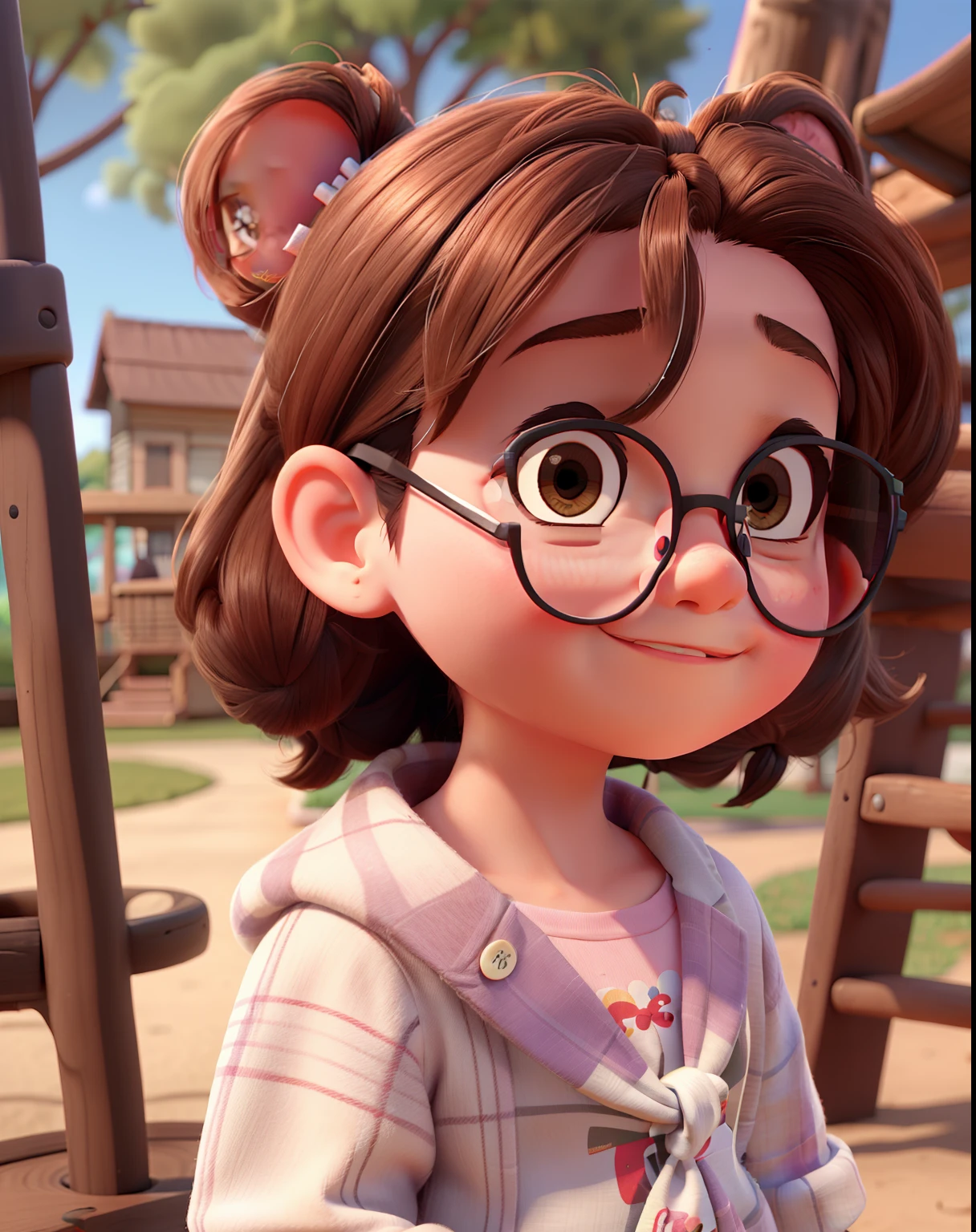 A 2-year-old child with tied hair and big eyes, Wearing Minnie's clothes on the playground with a boy with a beard and glasses along