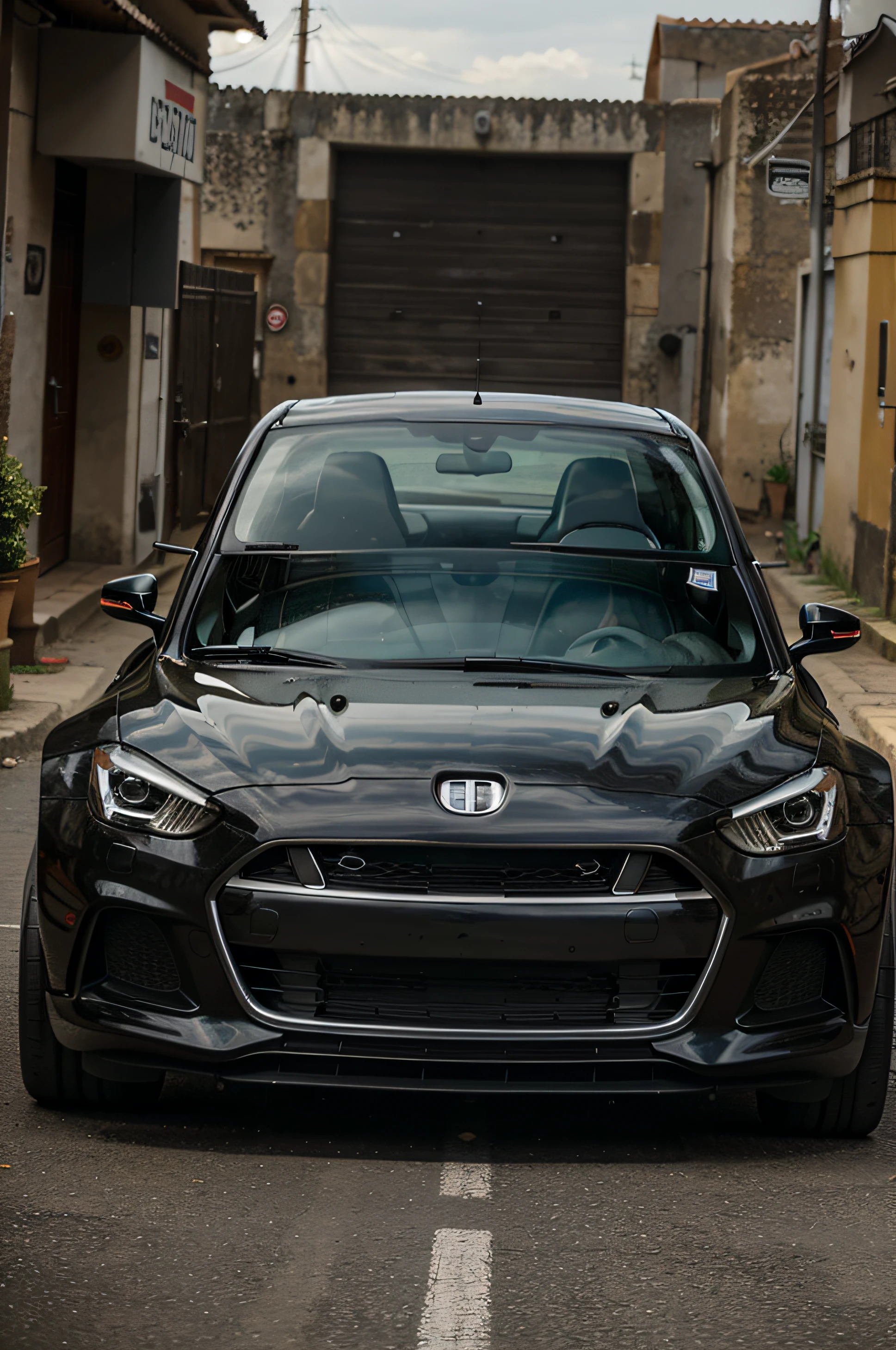 CARRO MODERNO, DE LADO, PRETO, RODAS SPORT, ESCUDO