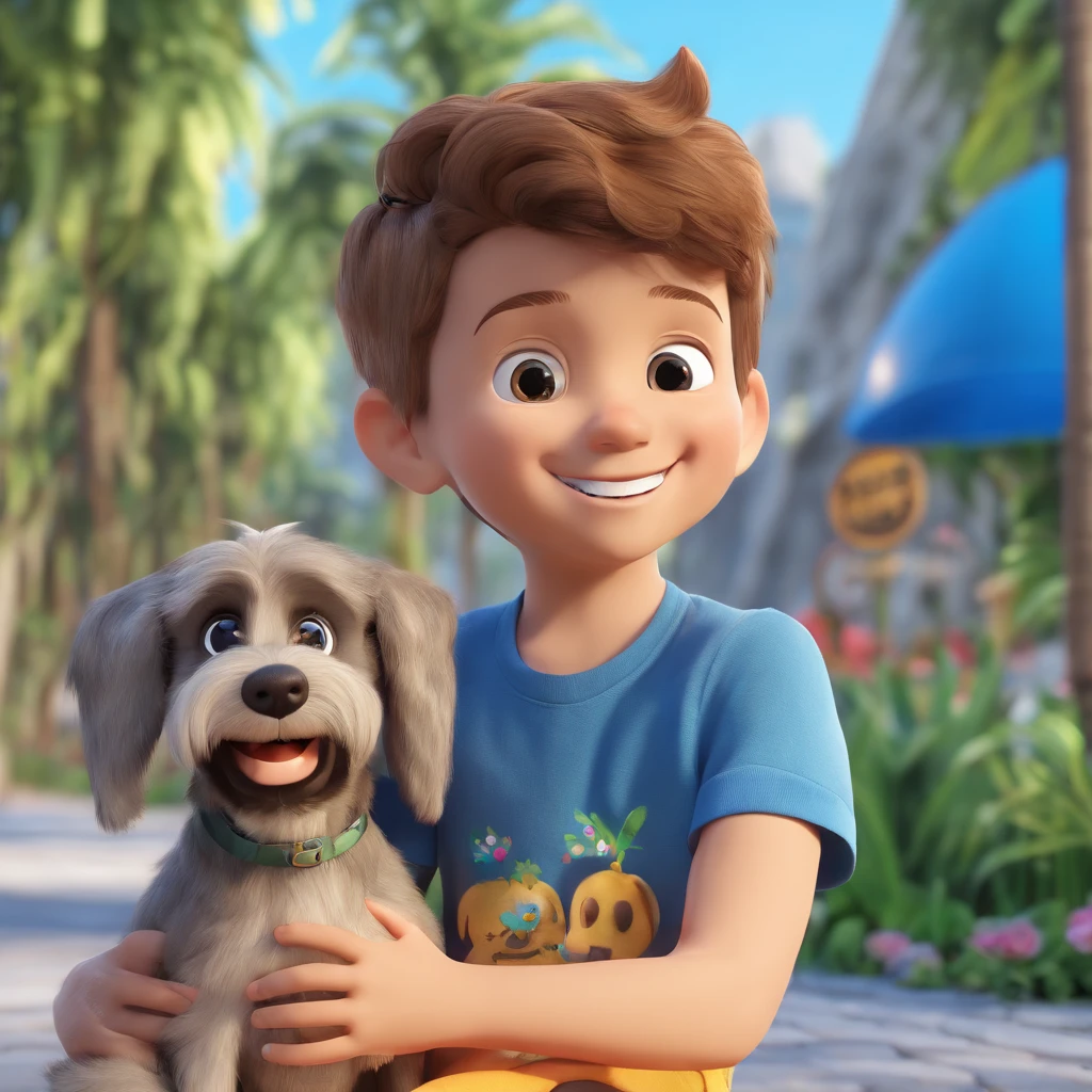 Lucas is a smiling 5-year-old human boy, com seu fiel amigo, Bolt, o cachorro schnauzer, deitados no jardim