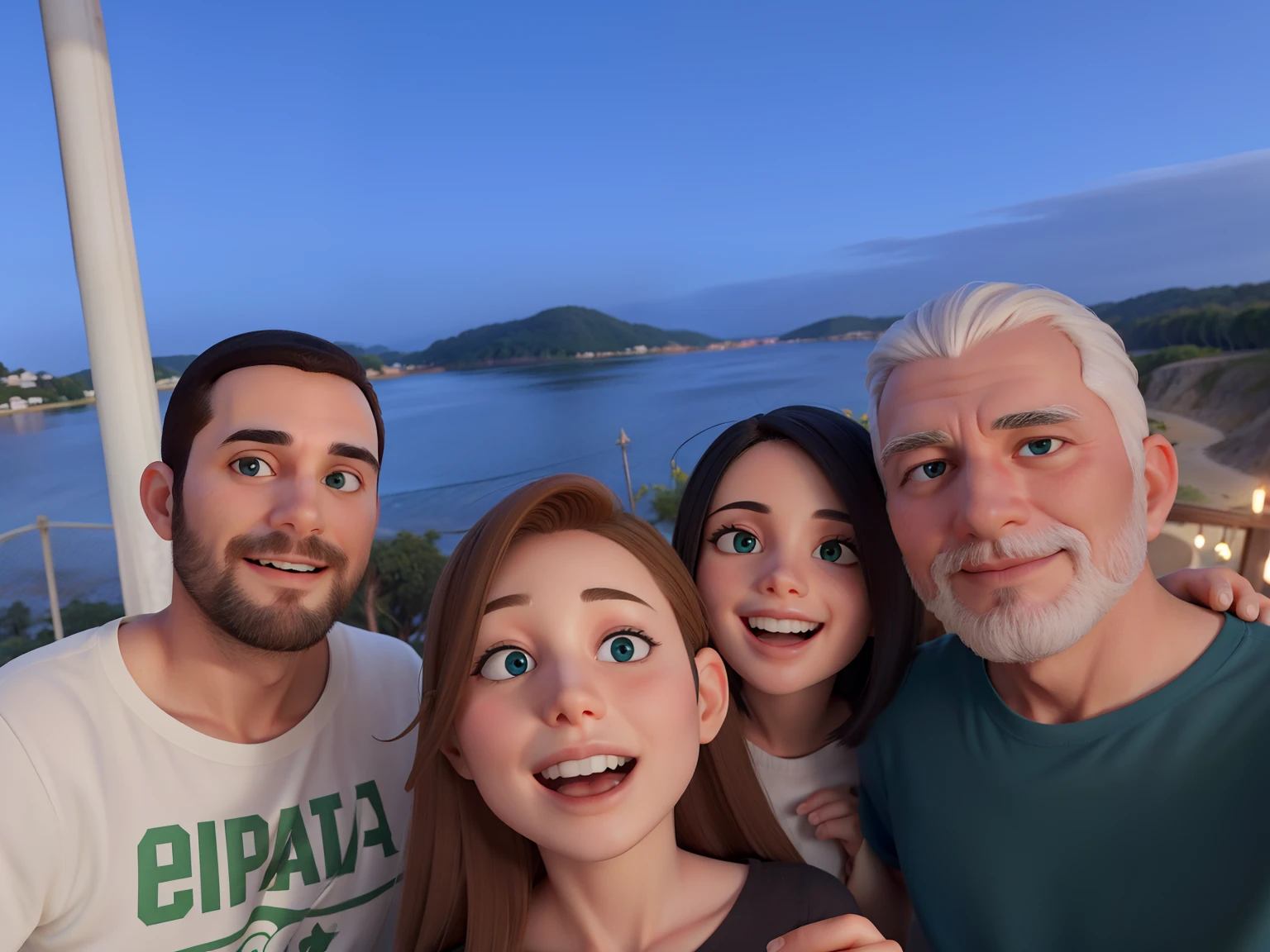 Homem branco olhos verdes cabelos castanhos, mulher branca cabelos pretos olhos escuros , homem branco olhos castanhos cabelos curtos pretos, mulher brancas cabelos longos castanhos, atras lago olhos