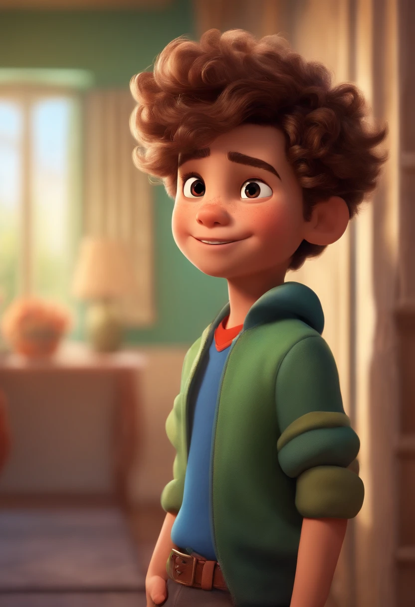 Image of a boy for a story in a YouTube video in Pixar format, He's the little allabester, He's the class leader, He's outgoing, Playful and gets up for a lot of things, cabelo curto