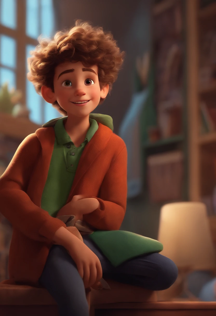 Image of a boy for a story in a YouTube video in Pixar format, He's the  allabester, He's the class leader, He's outgoing, Playful and gets up for a lot of things, cabelo curto