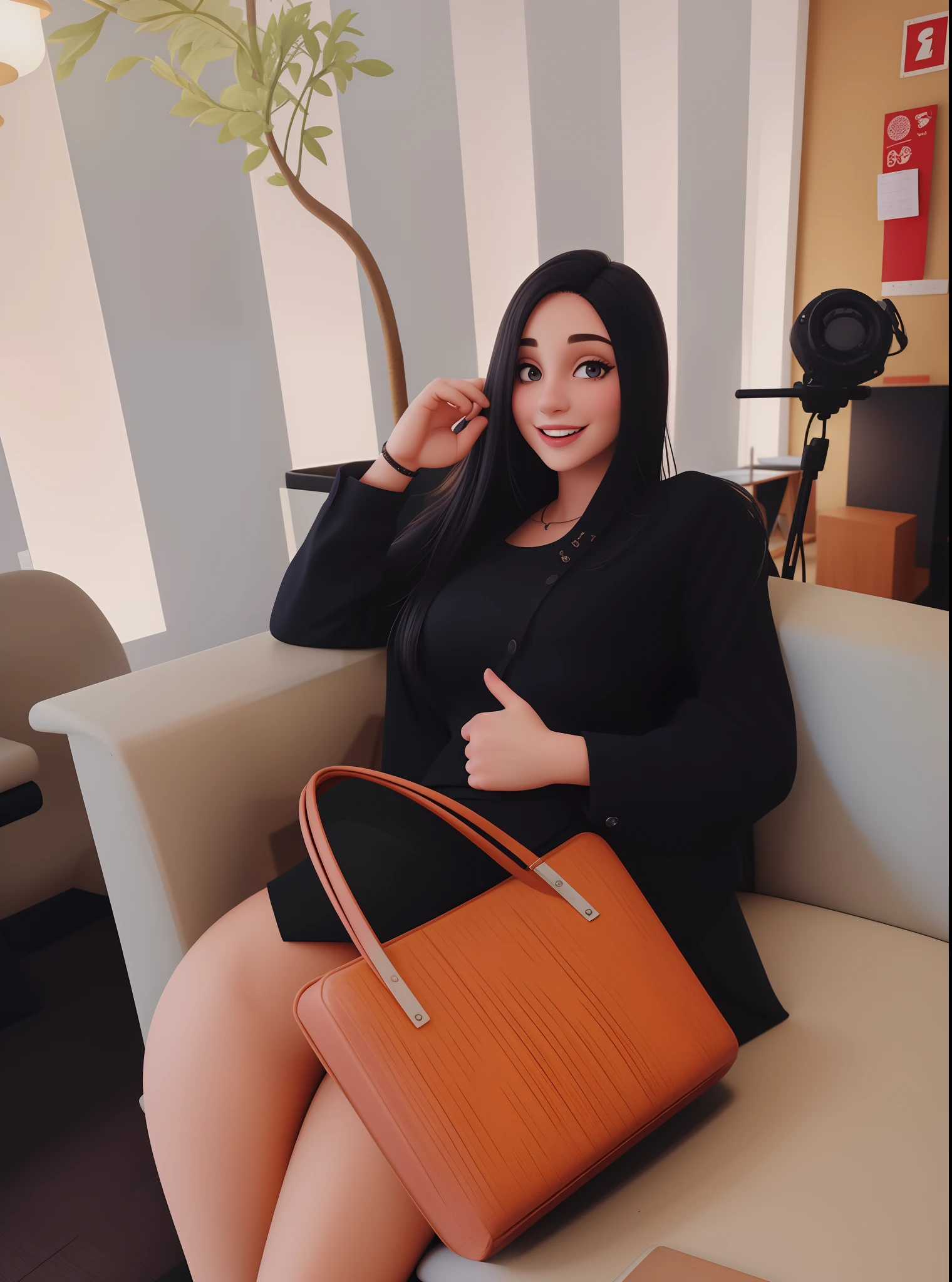 Uma mulher de 18 anos, com longos cabelos castanhos escuros , Rosto redondo, sorriso encantador, e olhos castanhos, In a classroom, studio lighting, sign language interpreter and sign language teacher. She's wearing black clothes, blouse and black jeans