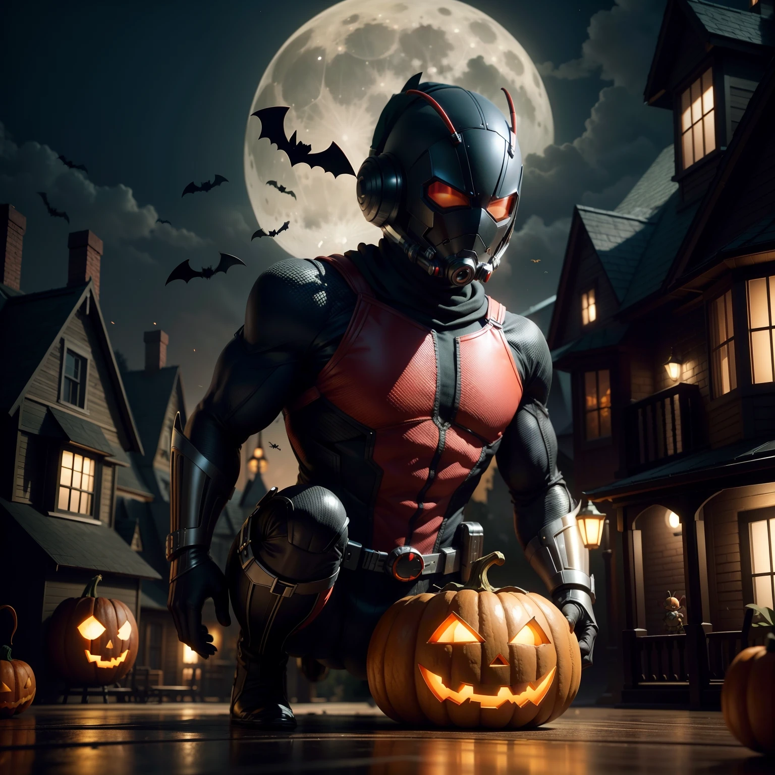 Antman wears a Halloween hat.,(master-piece,bestquality:1.2),Best Lights,best shadows,Show background, . . . . . . . . . . . .bat,full big moon,Old House,stylized 3d render