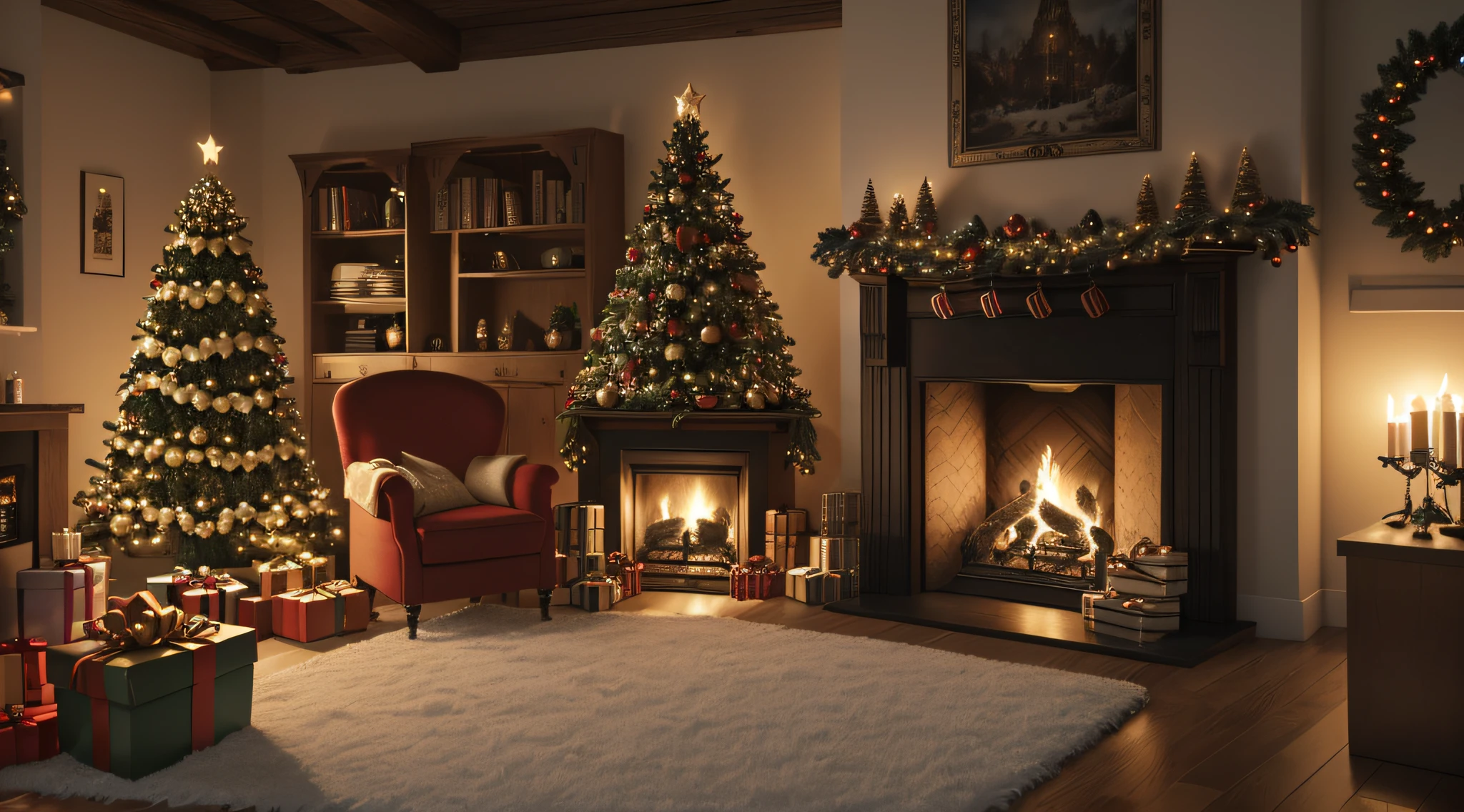 New Year's atmosphere,Gifts,Christmas tree,Christmas decorations,fireplace,Gift Socks,(beste-Qualit,4k,8K,hight resolution,tmasterpiece:1.2),ultradetail,(Realistic),festive,elvish,Cosy,warm lighting,bright colours, Fairytale atmosphere