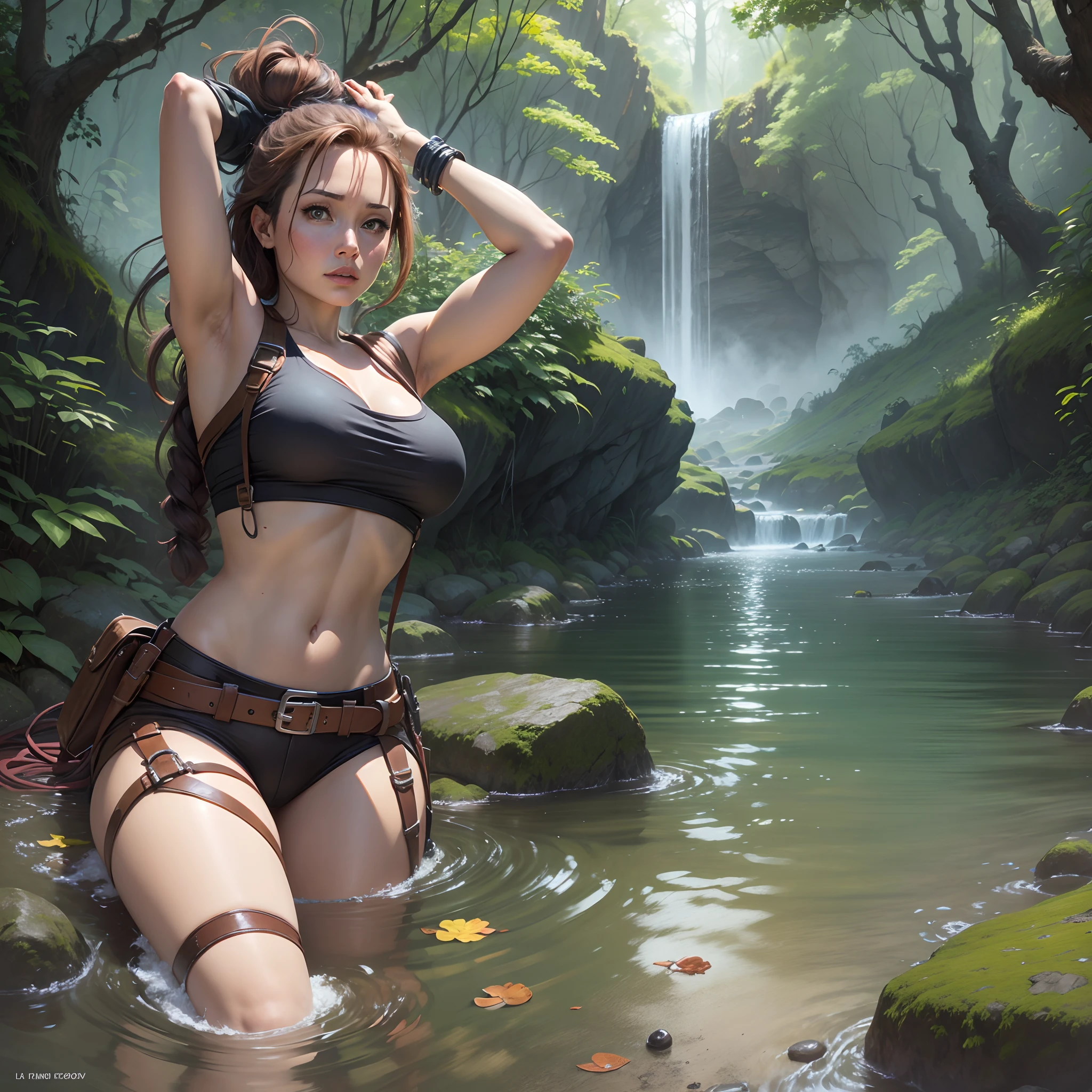 cinematic scene, Hero's View, Indiana Jones and Lara Croft Action Poseimagen de Indiana Jones (Harrison Ford) y Lara Croft (una Angelina Jolie joven) (Tomb Raider) Enjoying coffee an archaeological tomb (agrega tesoros) con una cascada y una selva de fondo. Apply super realism, 4K resolution, 8K and highest quality. Antecedentes detallados, Obra maestra, La mejor calidad, alta calidad, Altas Resoluciones, absurdos, (Estilo Studio Ghibli, Arte de Hayao Miyazaki:1. --auto --s2