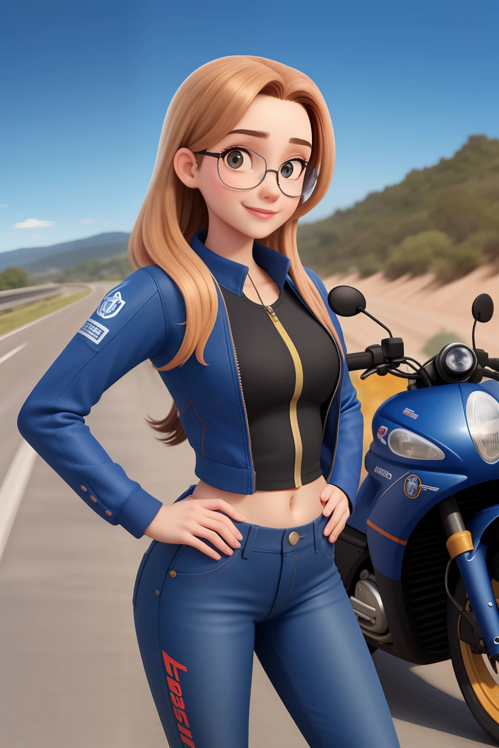 Uma mulher de 18 anos, com longos cabelos castanhos, Rosto redondo, sorriso encantador, e olhos castanhos, wearing goggles, It's on a highway, vestida com uma jaqueta de motoqueira, blue pants, ao lado de uma Honda PCX azul.