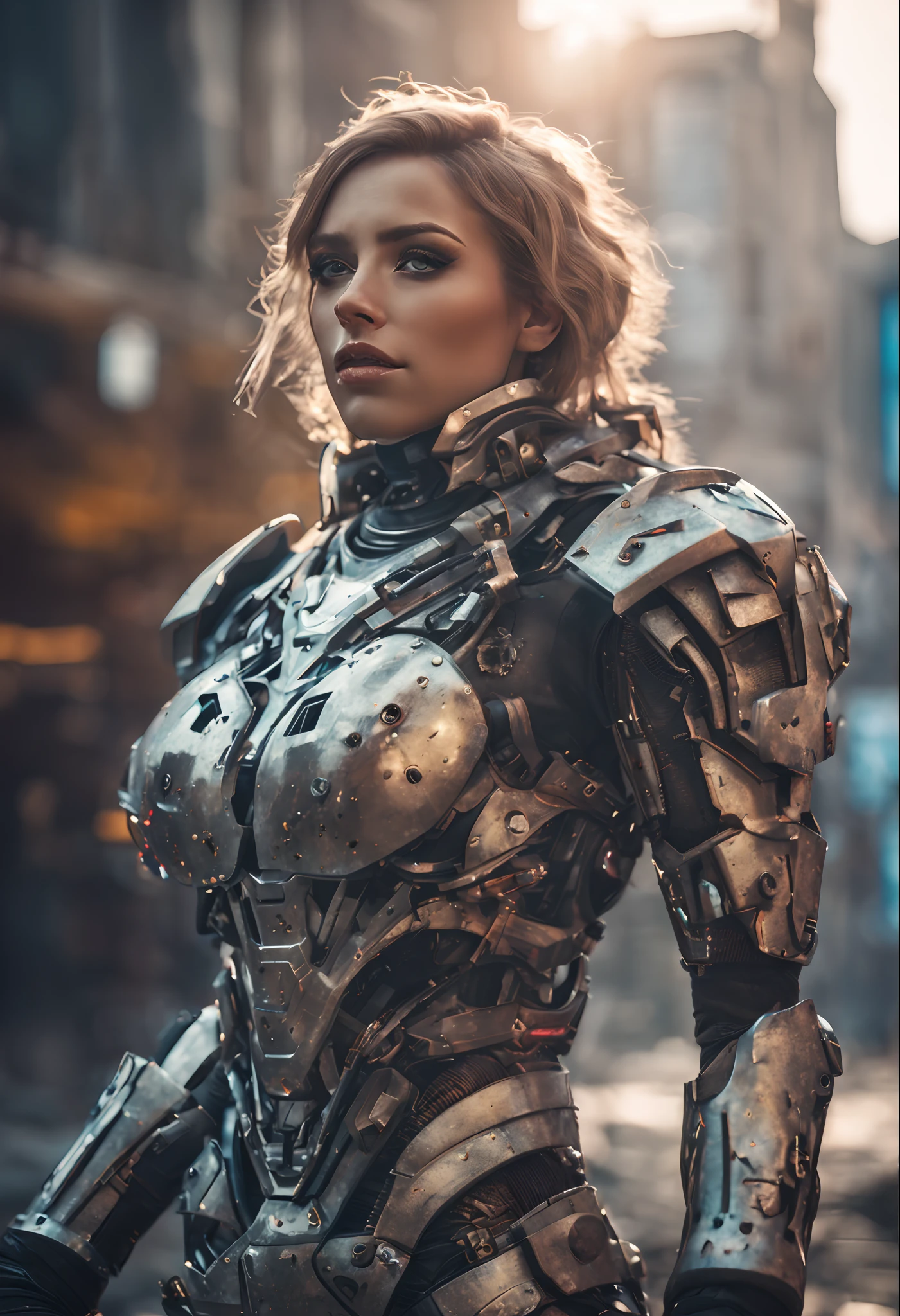 medium shot photo of sexy female cyborg wearing scratched and tarnished futuristic armor in a destroyed futuristic city, fantasy, sci-fi, beautiful feminine face, seductive, sexual, mist, vivid alluring eyes, dramatic, best quality masterpiece, photorealistic, detailed, 8k, HDR, shallow depth of field, cinematic lighting, bloom, light sparkles, chromatic aberration, sharp focus