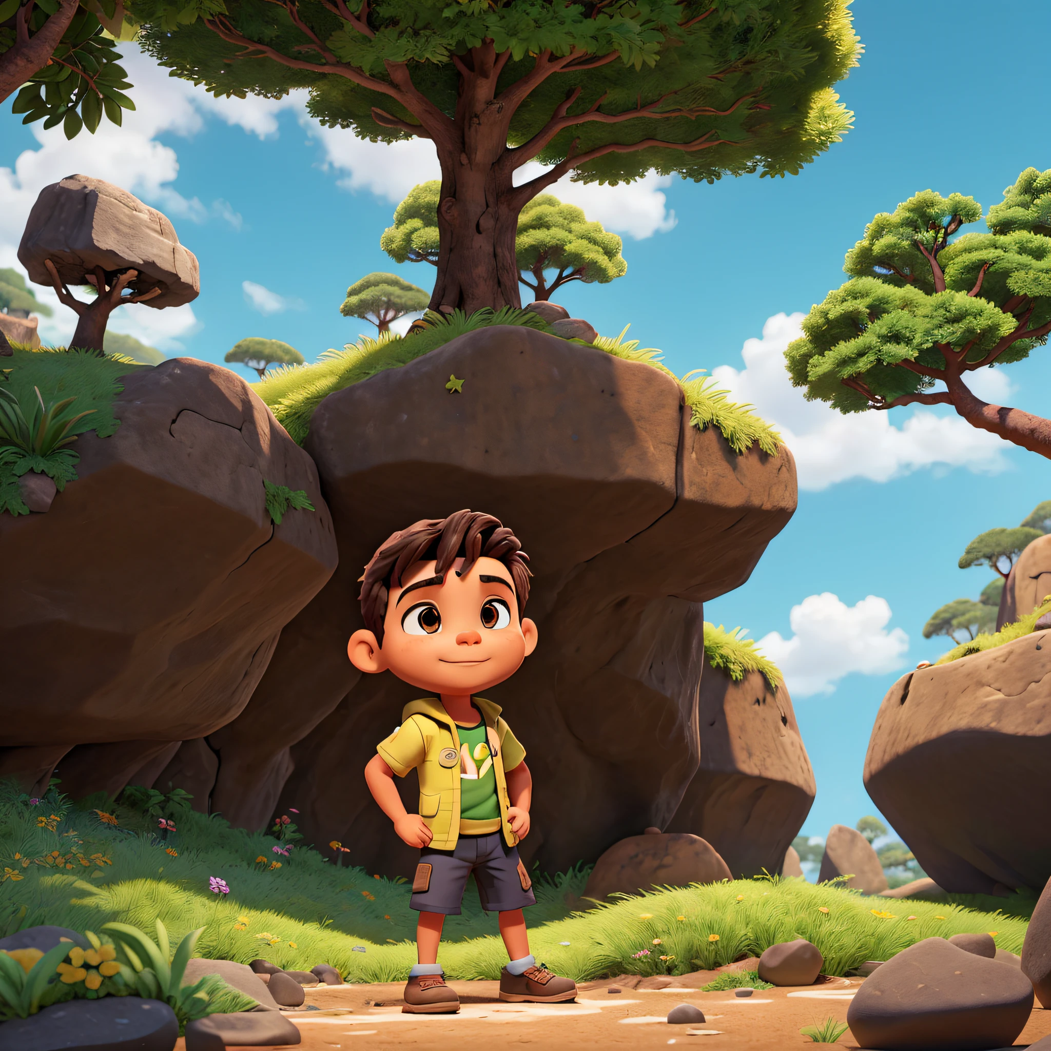 Um menino loiro com roupas de aventureiro, With hero pose in the middle of big huge rocks, Floresta de pedras grandes no brilho quente do sol de cores vibrantes, Crie uma atmosfera alegre e extravagante