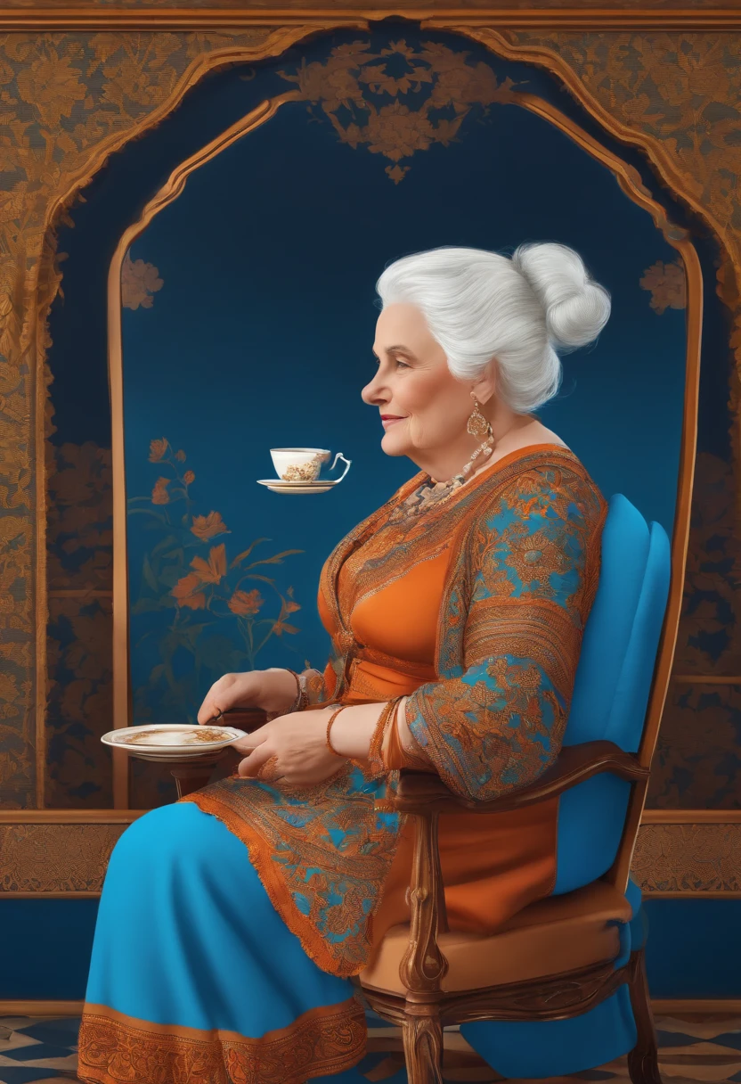 A chubby old woman with white hair with bun on her head dressed bright blue sitting on a chair drinking tea
