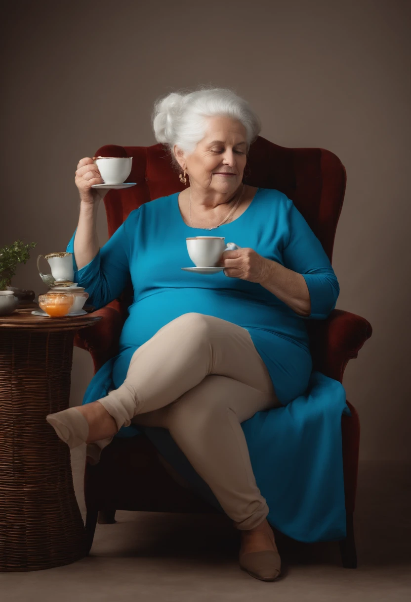 A chubby old woman with white hair with bun on her head dressed bright blue sitting on a chair drinking tea