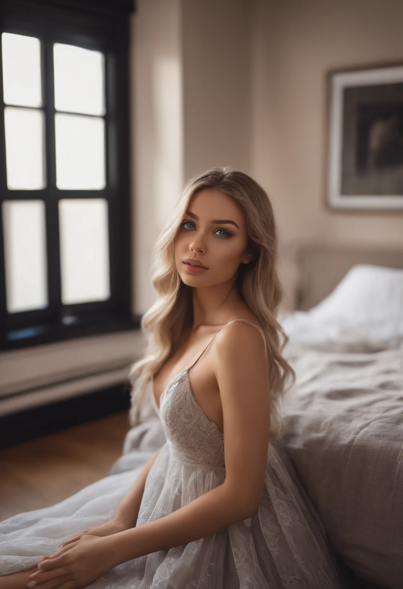 arafed woman fully , sexy girl with blue eyes, ultra realistic, meticulously detailed, portrait sophie mudd, blonde hair and large eyes, selfie of a young woman, bedroom eyes, violet myers, without makeup, natural makeup, , subtle makeup, stunning full body with chic dress, medium to large size bust; ; ;, showing, medium to large breasts exposed