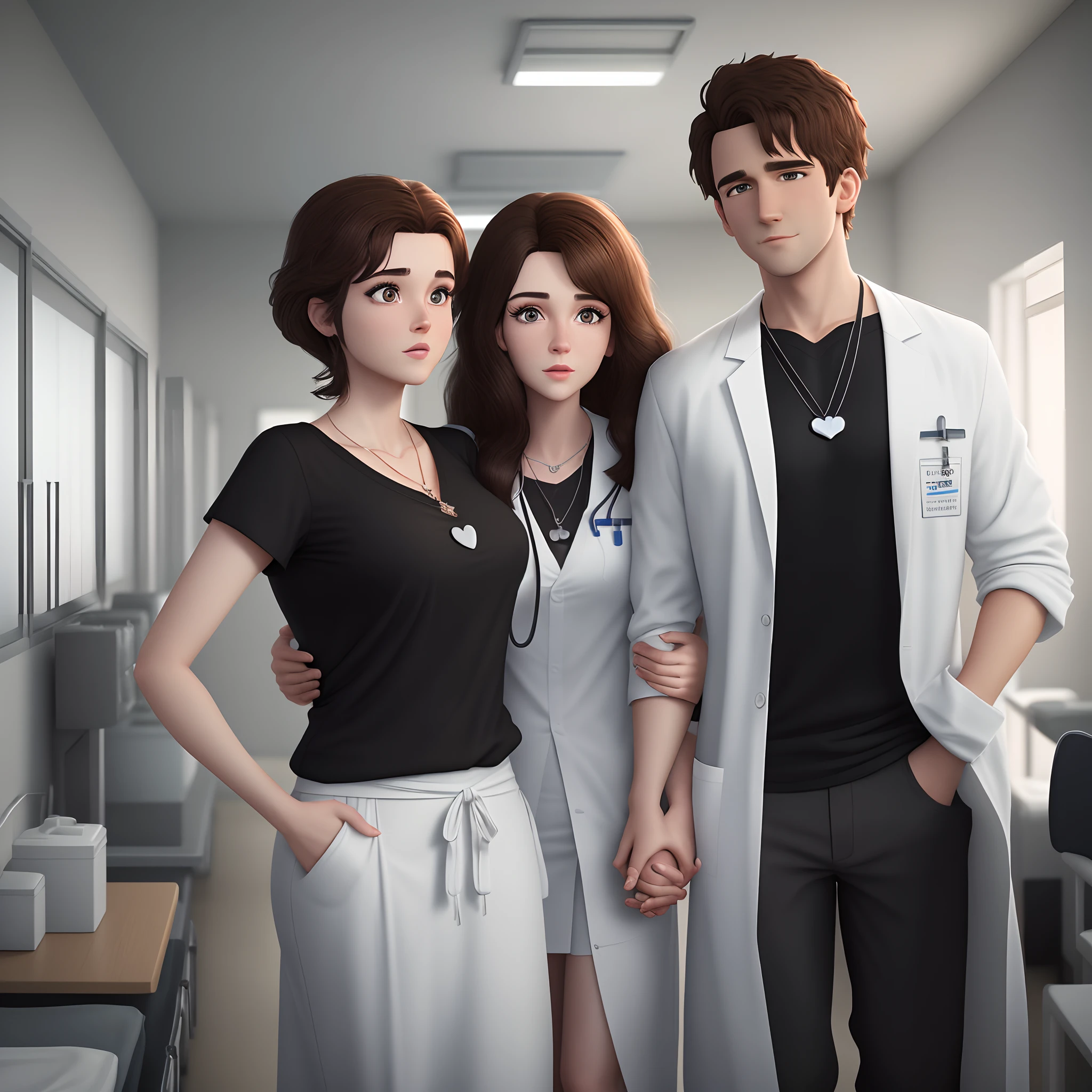 3D pixar of a nursing student couple with scenery inside a hospital with the features of dark brown hair, olhos castanhos escuros, cor de pele parda, The woman must have a heart-shaped necklace, and the man in a black shirt and white lab coat with dark brown hair and the title is "Zero Distance Now"