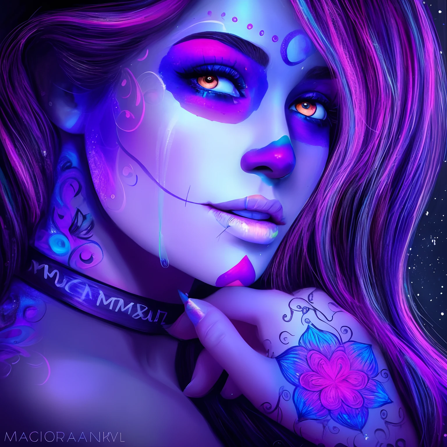 Close-up of a woman with a face, painted neon makeup, gorgeous digital art, beautiful digital artwork, stunning digital art, beautiful digital art, Amazing digital art, Stunning digital painting, jen bartel, digital illustration art, beautiful gorgeous digital art, gorgeous digital painting, stunning digital illustration, Day of the Dead, Dark, But detailed digital art, colorful digital fantasy art