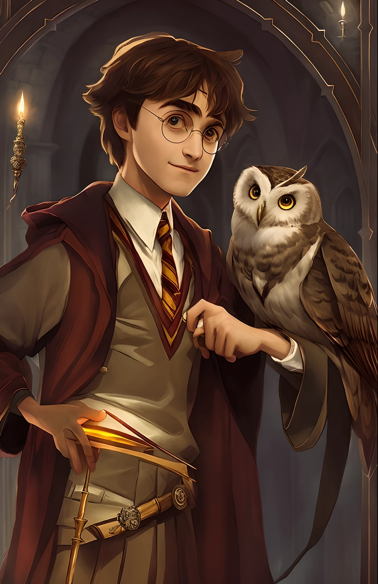 Harry Potter and the Owl Harry Potter and the Owl Harry Potter Harry Potter Potter, Art from Harry Potter, Portrait of Harry Potter, Portrait of Harry Potter, Harry Potter style, based on Fuller Potter, Harry Potter, Harry Potter!!, Fuller Potter, holding a wand, inspired by Hermione Hammond, Holding sticks in hand, Owl Wizard
