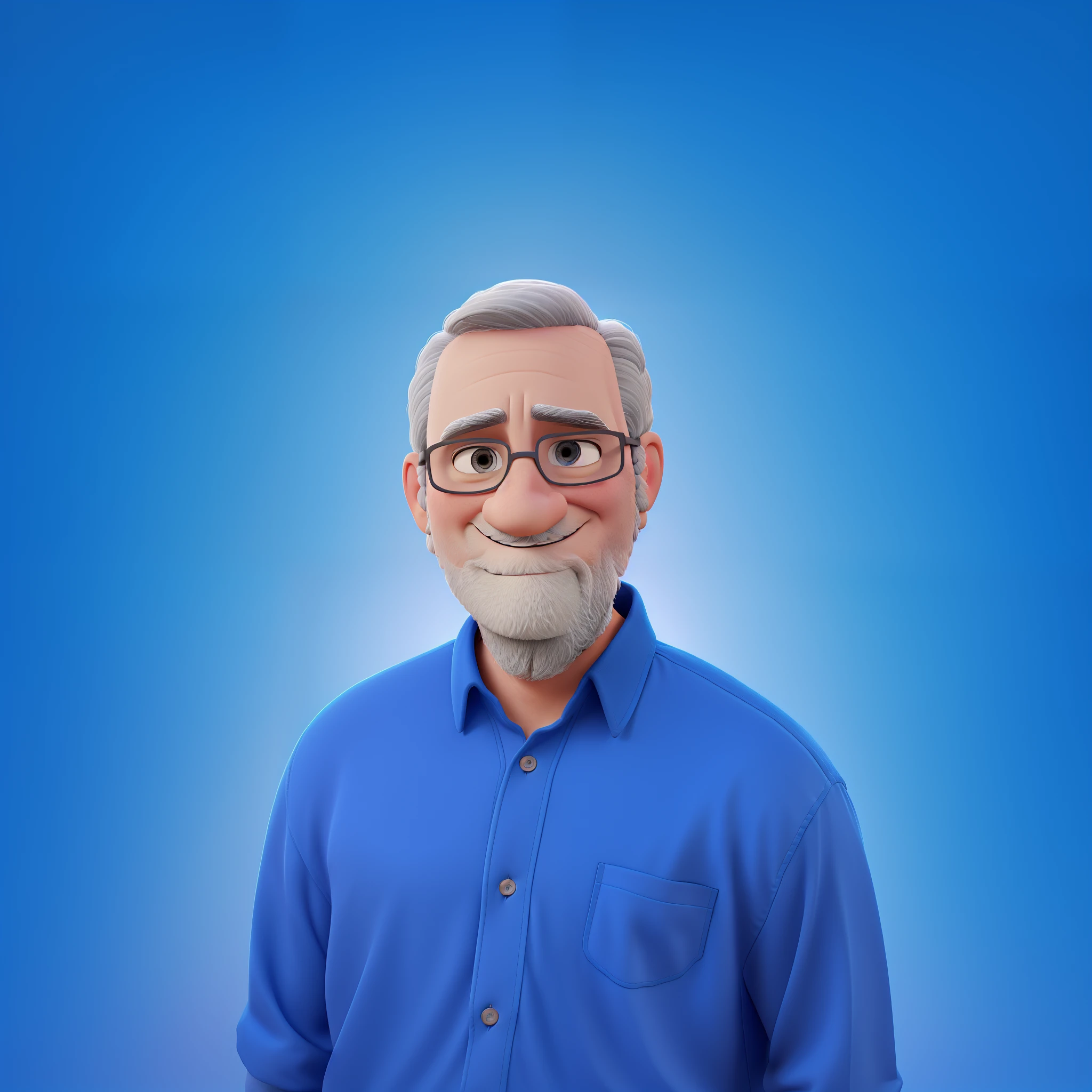 a 3d pixar disney style movie poster with the text "Jairo Baptista" Man, apparently 60 years old, white skin, thin, long face, round chin, short gray hair, wearing a blue polo shirt, small ears, half-closed black eyes, short round nose, gray eyebrows, short beard, man with gray hair , low gray mustache, looking at the camera, smiling, hands crossed, behind him a small town with a blurred effect.
