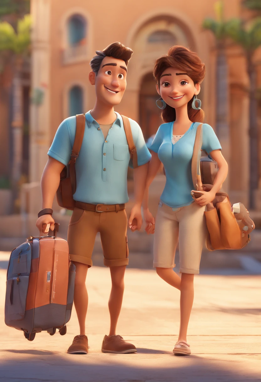 Cartoon of couple having fun on vacation together with a blueheeler dog,  3D Animation Movie Poster, Poster de filme animado, pixar 3 d animation style, pixar renderman rendering, maia 8 mil, animated film, Disney Pixar Estilo 3D, amigos felizes saem juntos, all wearing light blue shirts and cream brown long pants, camisa azul clara, cream brown pants, ao ar livre, vacation, Disney Pixar Animation Poster