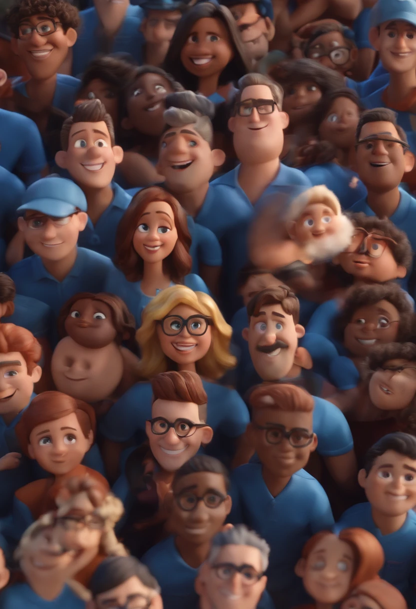 Garoto, estilo disney, tom de pele: claro: Cabelo: marrom escuro, liso, curto, penteado para o lado direito. camisa: social, Cor azul. Fundo: Gray and white gradient,Comemorando, Hands raised, sorrindo, feliz, (estilo pixar) (obra-prima:1.2) (bokeh) (melhor qualidade) (pele detalhada) (textura detalhada) (8k) (claymation) (cinematic lighthing) (foco nítido