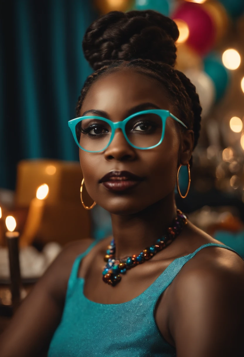 Black woman in glasses with pigtails at birthday party sitting
