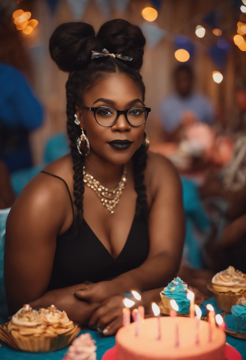 Black woman in glasses with pigtails at birthday party sitting