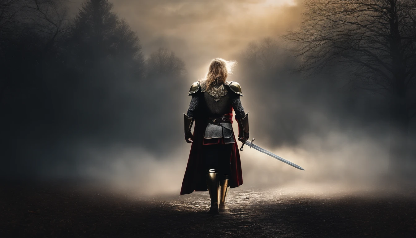 Imagem realista de Arcanjo St. Michael. Diabo ultrarrealista: A golden angel with wings spread with a sword of fire in his hand, Voando sobre um campo de batalha sombrio, Dark Smoke Setting Portrait of Man a Knight, blonde hair, About Polar Sky Aurora Fantasy Winter, ouro, Uplighting, Detailed ambience in the armor made of white titanium and some crystal, Power suit, moderno, linhas poli baixas, punk core, sonhador, Colorir, distopia, divino, Misterioso, Pose curva, Posando de moda.