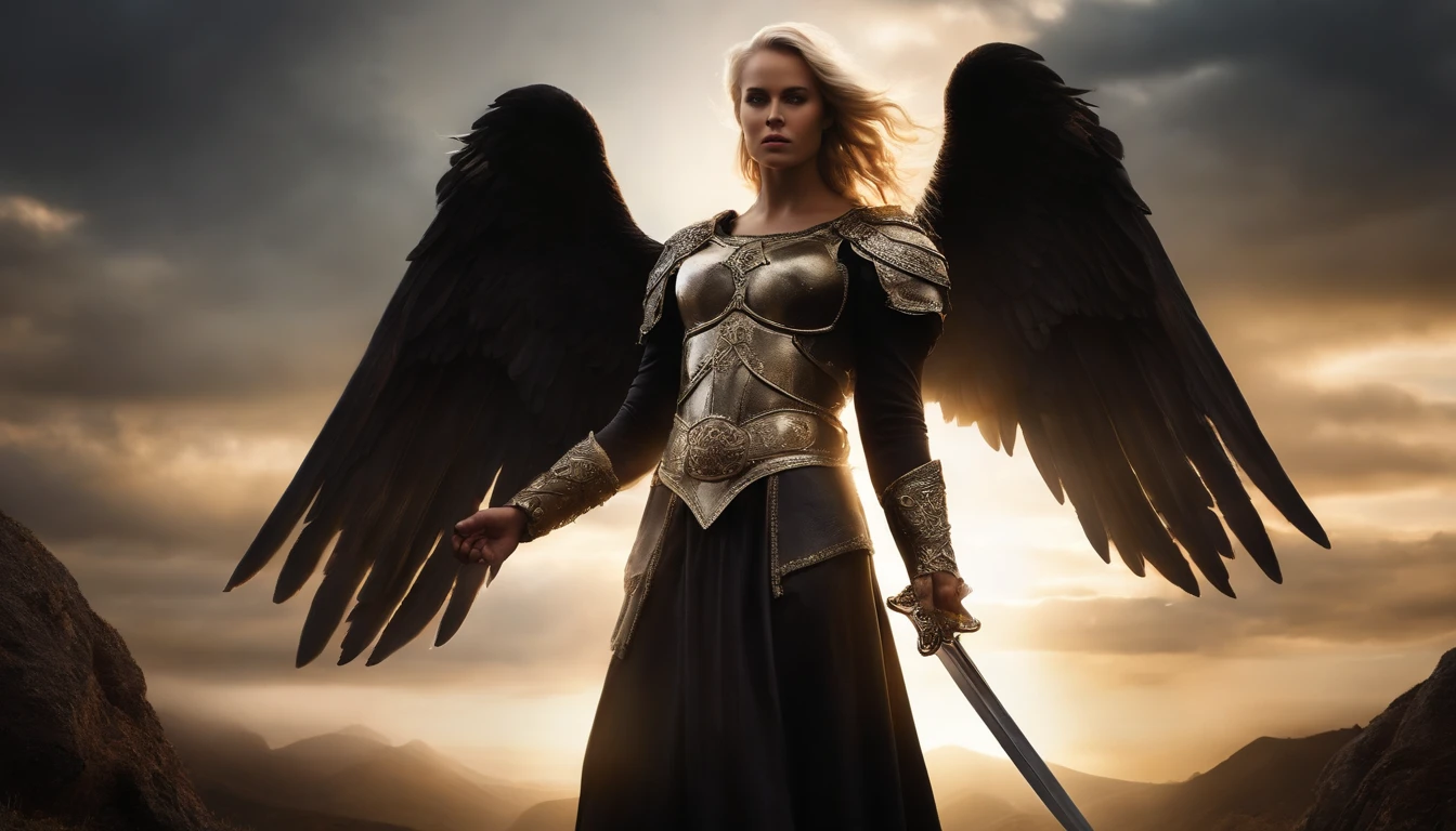 Imagem realista de Arcanjo St. Michael. Diabo ultrarrealista: A golden angel with wings spread with a sword of fire in his hand, Voando sobre um campo de batalha sombrio, Dark Smoke Setting Portrait of Man a Knight, blonde hair, About Polar Sky Aurora Fantasy Winter, ouro, Uplighting, Detailed ambience in the armor made of white titanium and some crystal, Power suit, moderno, linhas poli baixas, punk core, sonhador, Colorir, distopia, divino, Misterioso, Pose curva, Posando de moda.
