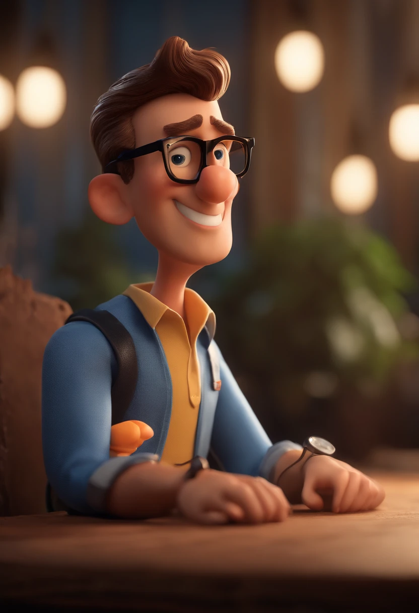 Cartoon character of a man with black glasses and a blue shirt, animation character, Caractere estilizado, animation style rendering, 3D estilizado, Arnold Maya render, 3 d render stylized, toon render keyshot, Personagem 3D, Personagem 3D, 3d rendering stylized, 3 d character render, personagem de desenho animado, Personagem de close up, Pose de personagem,  (Estilo Pixar) (master part:1.2) (Bokeh) (best quality) (pele detalhada) (textura detalhada) (8k) (argila) (Cinematic lighting) (foco nítido