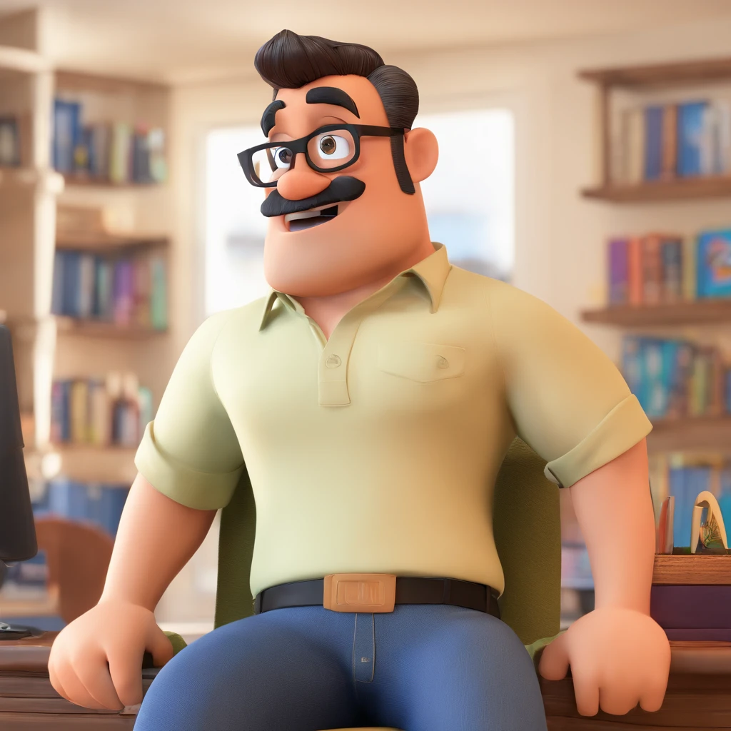 Criar um personagem no estilo Pixar. Trata-se de um homem de 30 anos, com barba, Branco, com cabelos castanhos curtos e um quiff, e olhos castanhos. Ele deve estar na frente de um computador, Trabalhar como designer