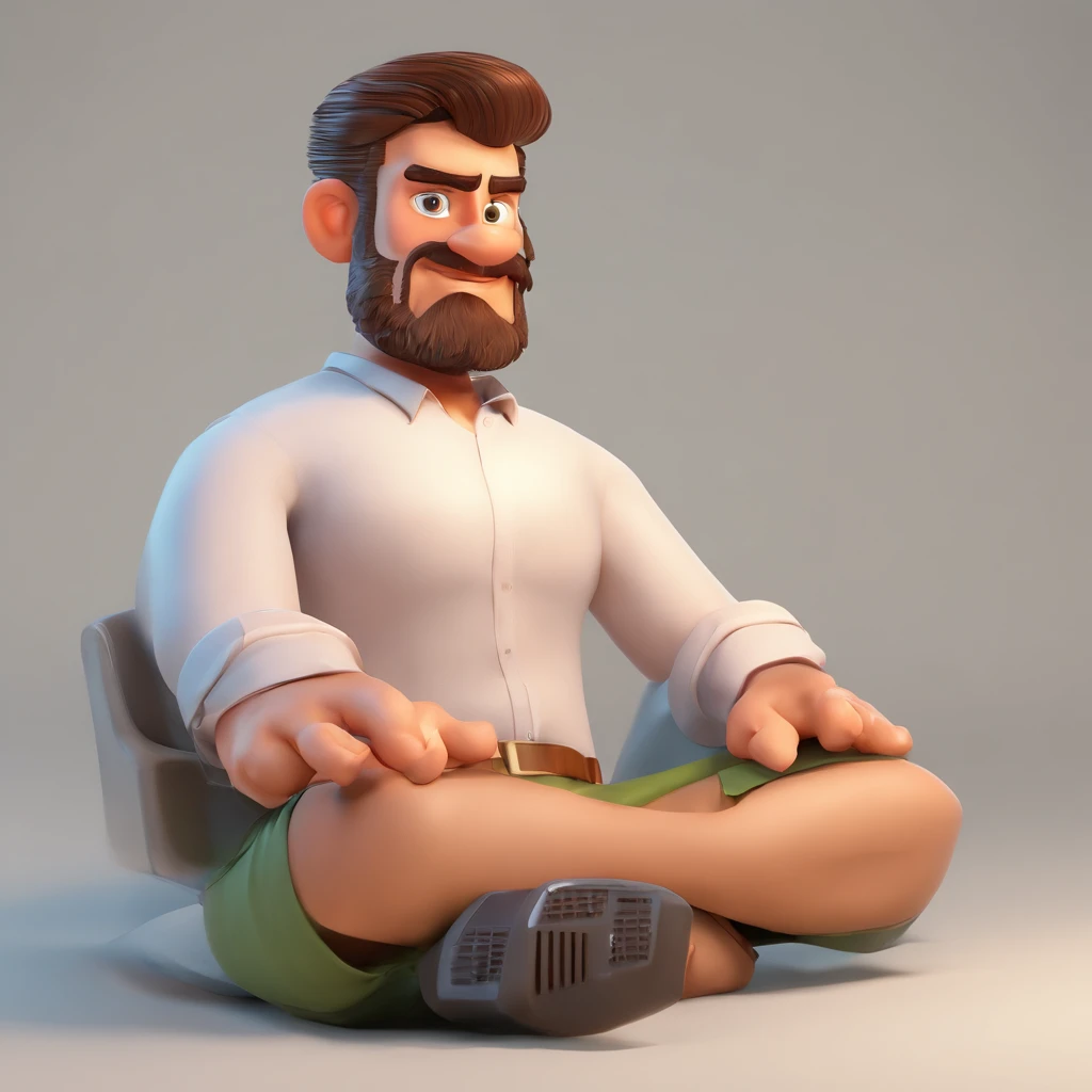 Criar um personagem no estilo Pixar. Trata-se de um homem de 30 anos, com barba, Branco, com cabelos castanhos curtos e um quiff, e olhos castanhos. Ele deve estar na frente de um computador, Trabalhar como designer