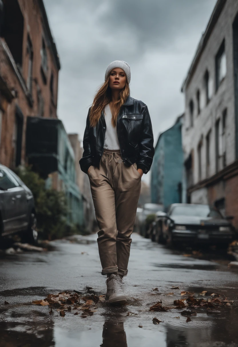 masterpiece, best quality, 1girl, walking on sidewalk, hip hop woman, baggy pants, retro, suburban, suburbia, 1990s, white beanie, outdoor, laid-back, puddles, drain, rebellious, bedraggled, ((graffiti)), ((trash)), dirt lying around, leaves, ((broken concrete)), city, symmetric eyes, hands in pockets, clouds, overcast, detailed face,