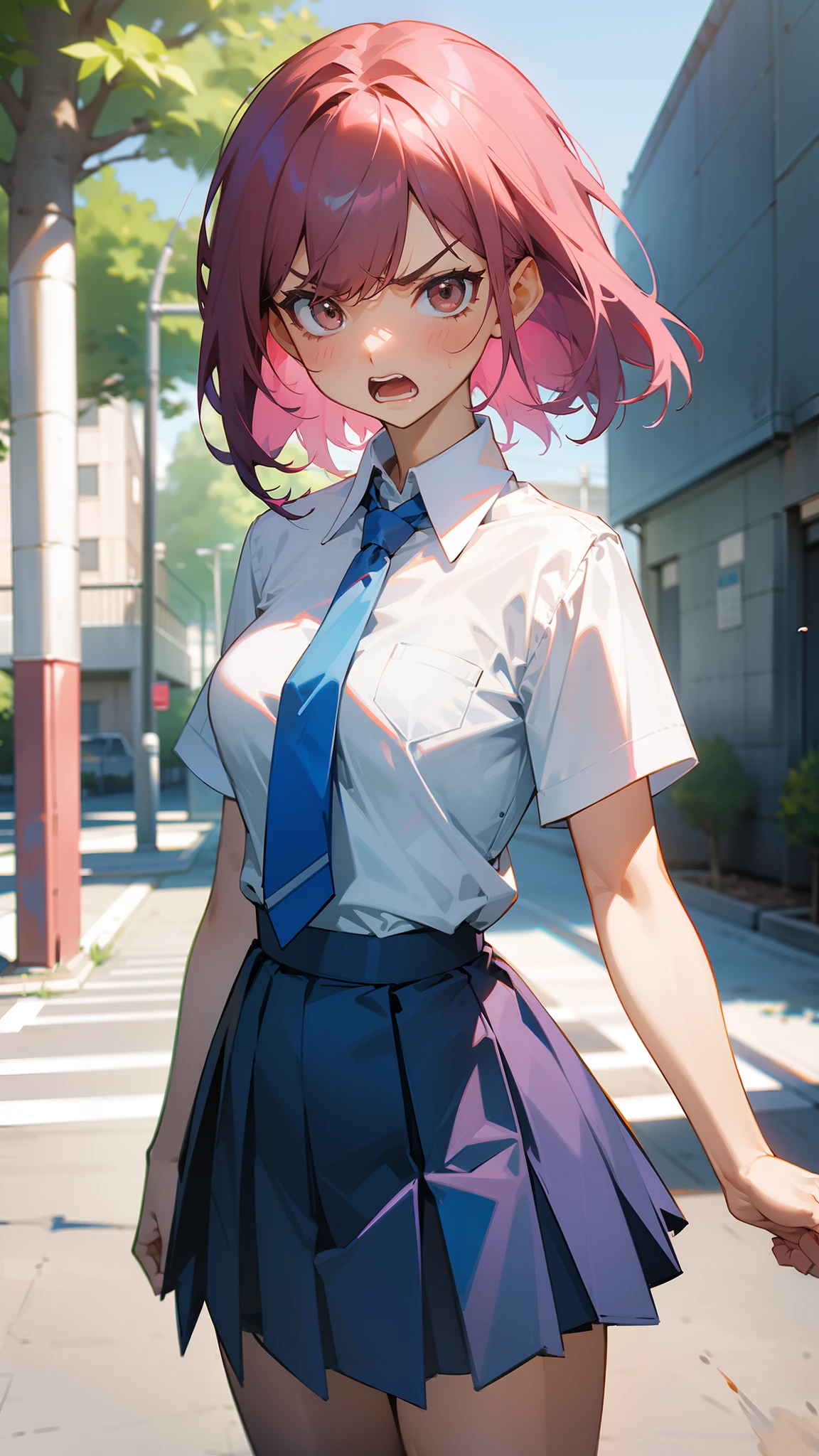 1girl, mature female,angry face,open mouth,medium breasts,white shirt,blue skirt,blue tie,dark pink hair,medium hair,brown eyes,cowboy shot,((standing in a school yard))
